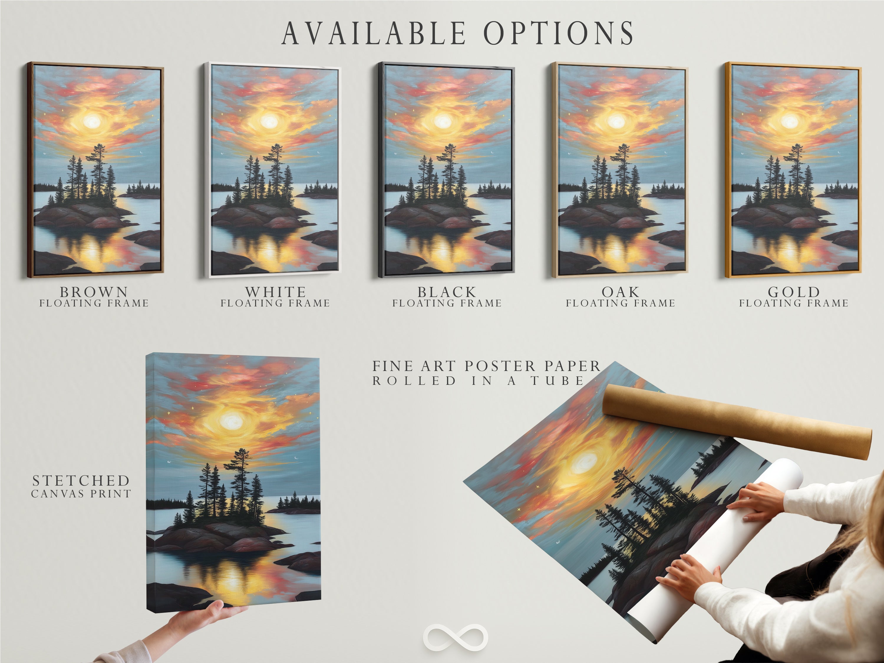 Available options for the Lake Sunset artwork are displayed. Choose from a stretched canvas print fine art poster paper or a floating frame. Each option enhances the beauty of this warm tone nature artwork. Ideal for boardrooms.