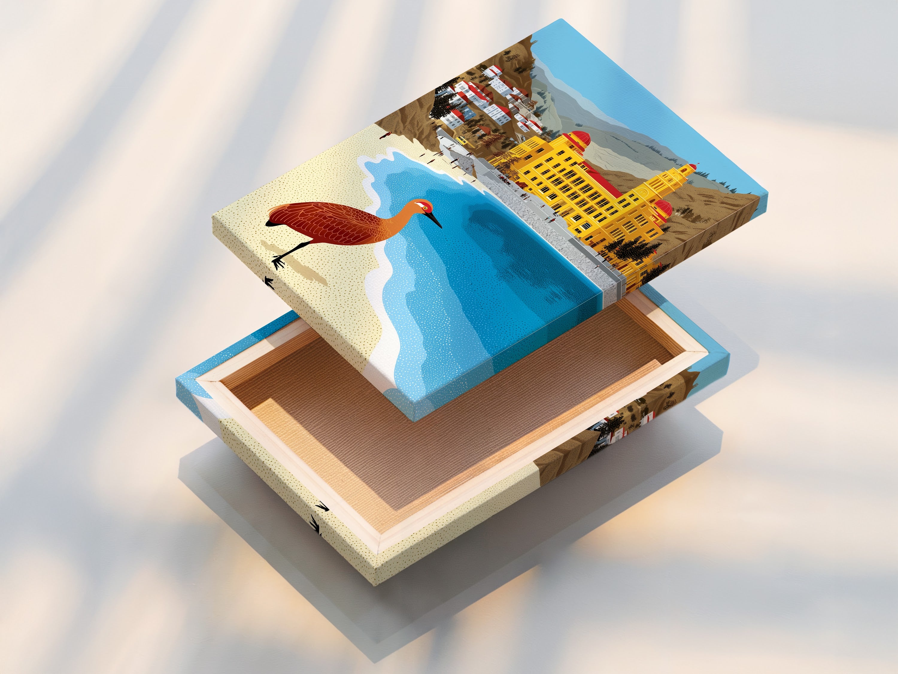 A stretched canvas print of coastal artwork. Seaside decor featuring bird canvas art. Ochre and teal art print for modern homes. Enhance your space with beach town architecture art. Ready to hang and enjoy.