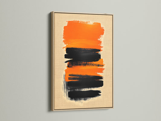 The Abstract Brush Stroke Art is showcased in an oak frame. This modern canvas art piece features bold orange and black strokes. Perfect for adding a contemporary touch to your living room or office.