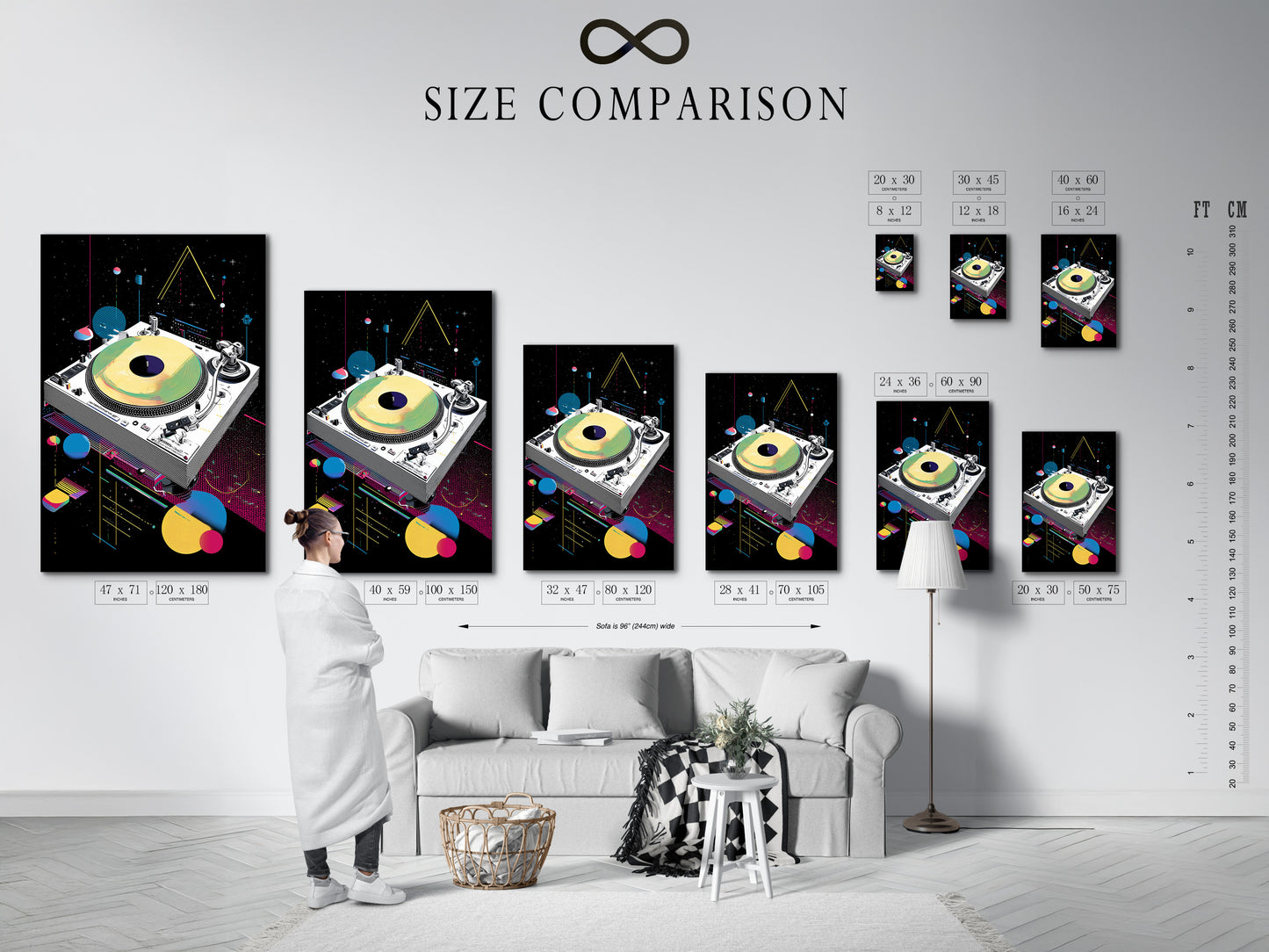 Size comparison chart in an interior setting showing retro turntable art. See how the synthwave music wall art fits. Visualize the vaporwave DJ decor in your space. Perfect for any studio or office.
