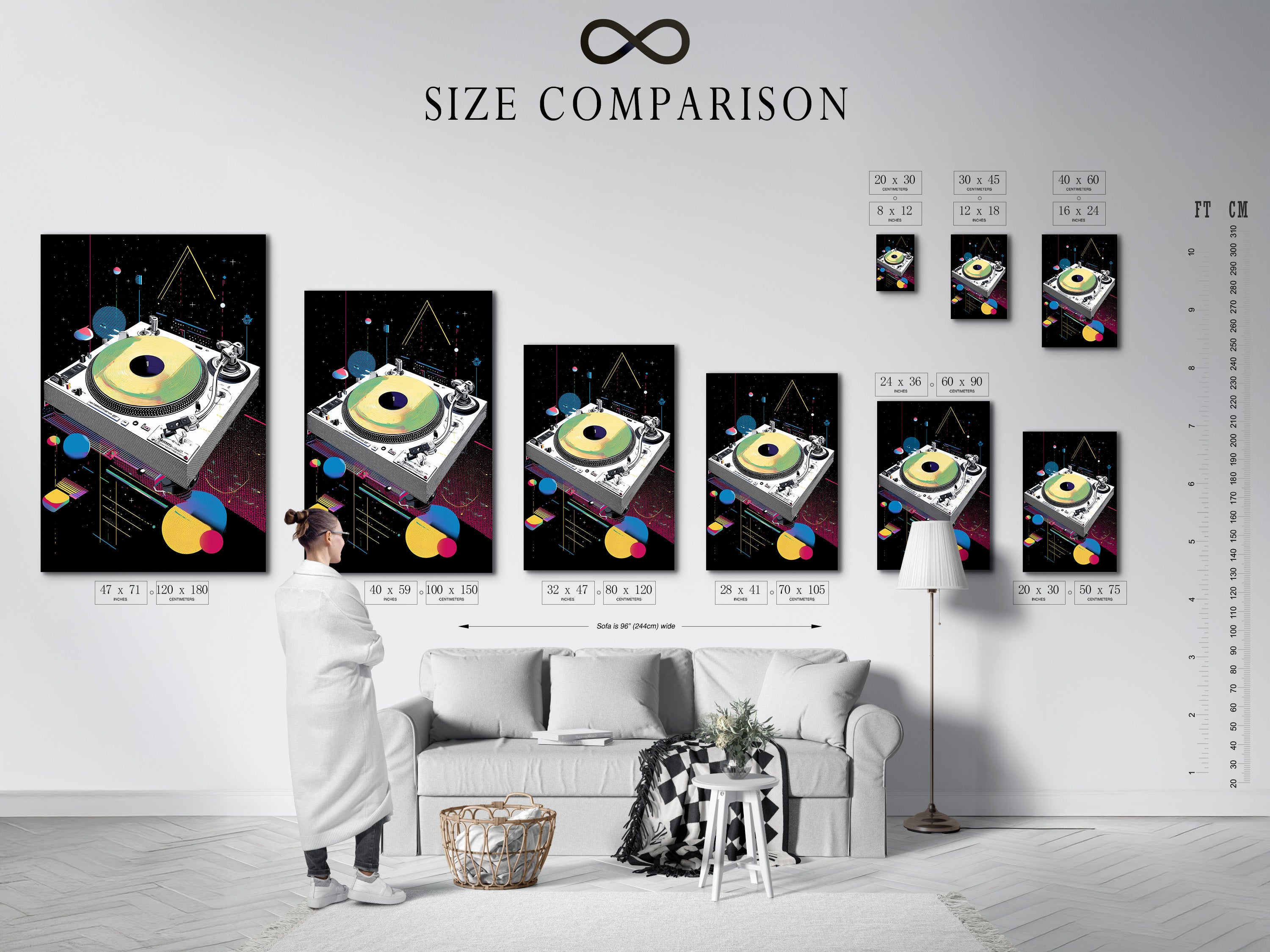 Size comparison chart in an interior setting showing retro turntable art. See how the synthwave music wall art fits. Visualize the vaporwave DJ decor in your space. Perfect for any studio or office.