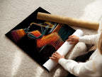 A woman rolls fine art poster paper featuring jazz saxophone art. This abstract music artwork is perfect for creating musician art prints. The vibrant colors and contemporary style add a modern touch to any space.
