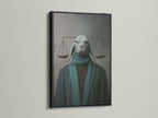 The Justice Rabbit artwork is presented in a black frame. This contrasts beautifully with the animal portrait. The black frame adds a modern touch to this quirky legal art. Enhance your office wall decor today.