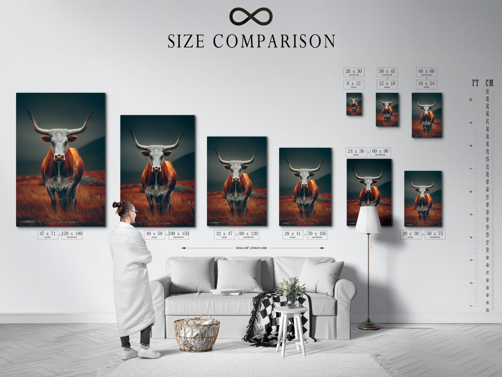 This size comparison chart helps you choose the perfect artwork for your space. See how different sizes look in a real interior setting. This chart makes it easier to visualize the artwork in your home. Find the ideal size to complement your wall decor and room layout