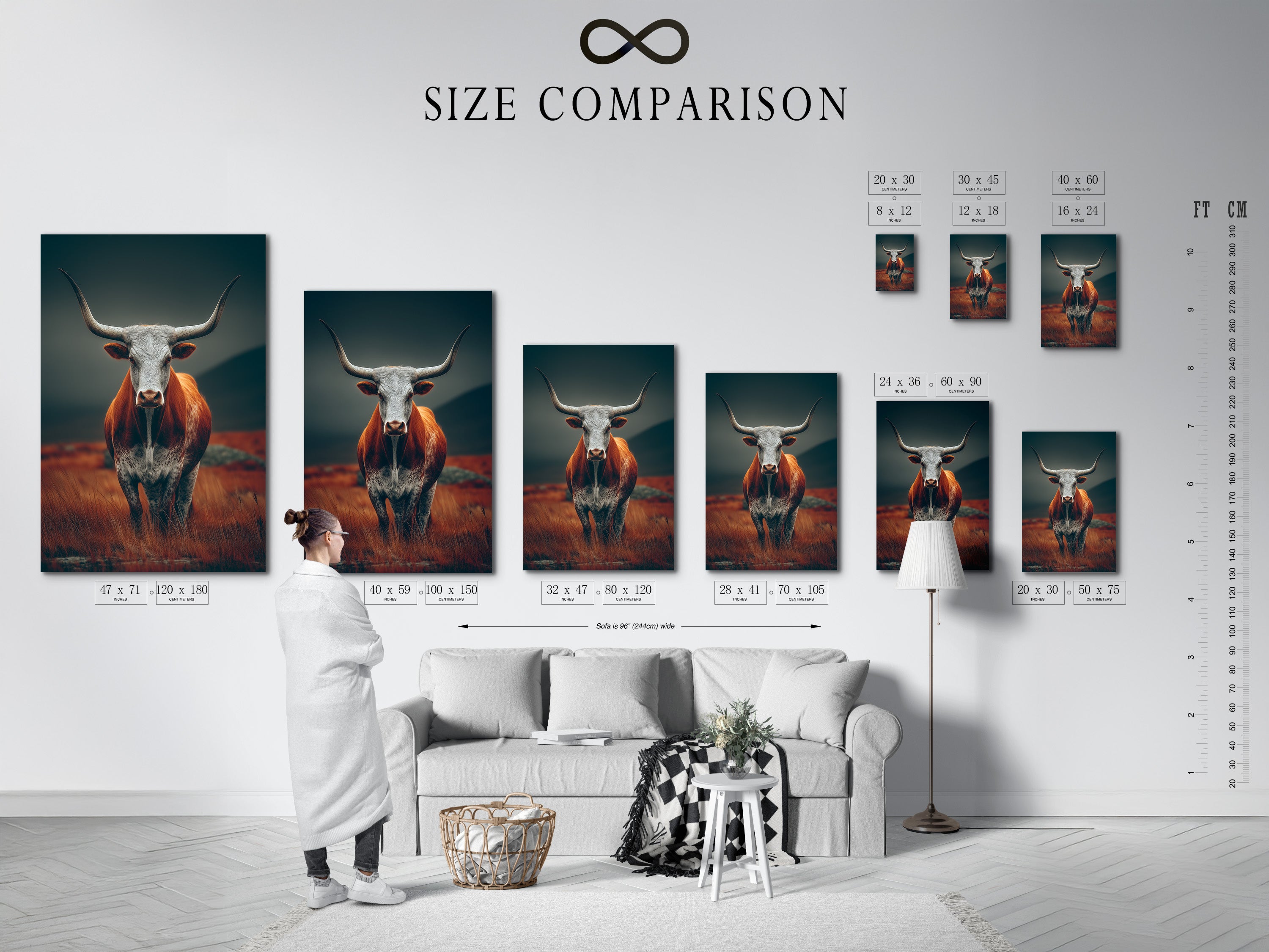 This size comparison chart helps you choose the perfect artwork for your space. See how different sizes look in a real interior setting. This chart makes it easier to visualize the artwork in your home. Find the ideal size to complement your wall decor and room layout