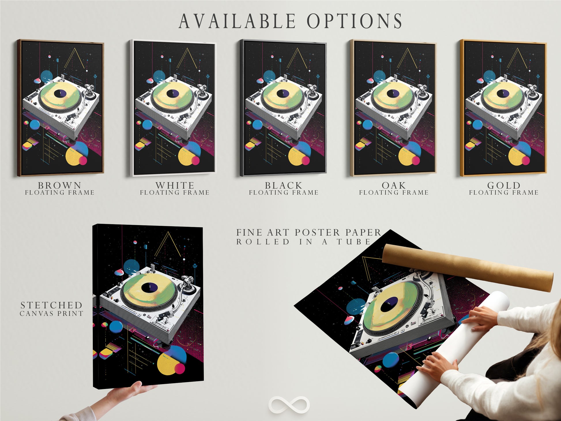 Available options for retro turntable art. Choose from stretched canvas print fine art poster paper or floating frame. The synthwave music wall art offers vaporwave DJ decor. Add art to your studio or office.