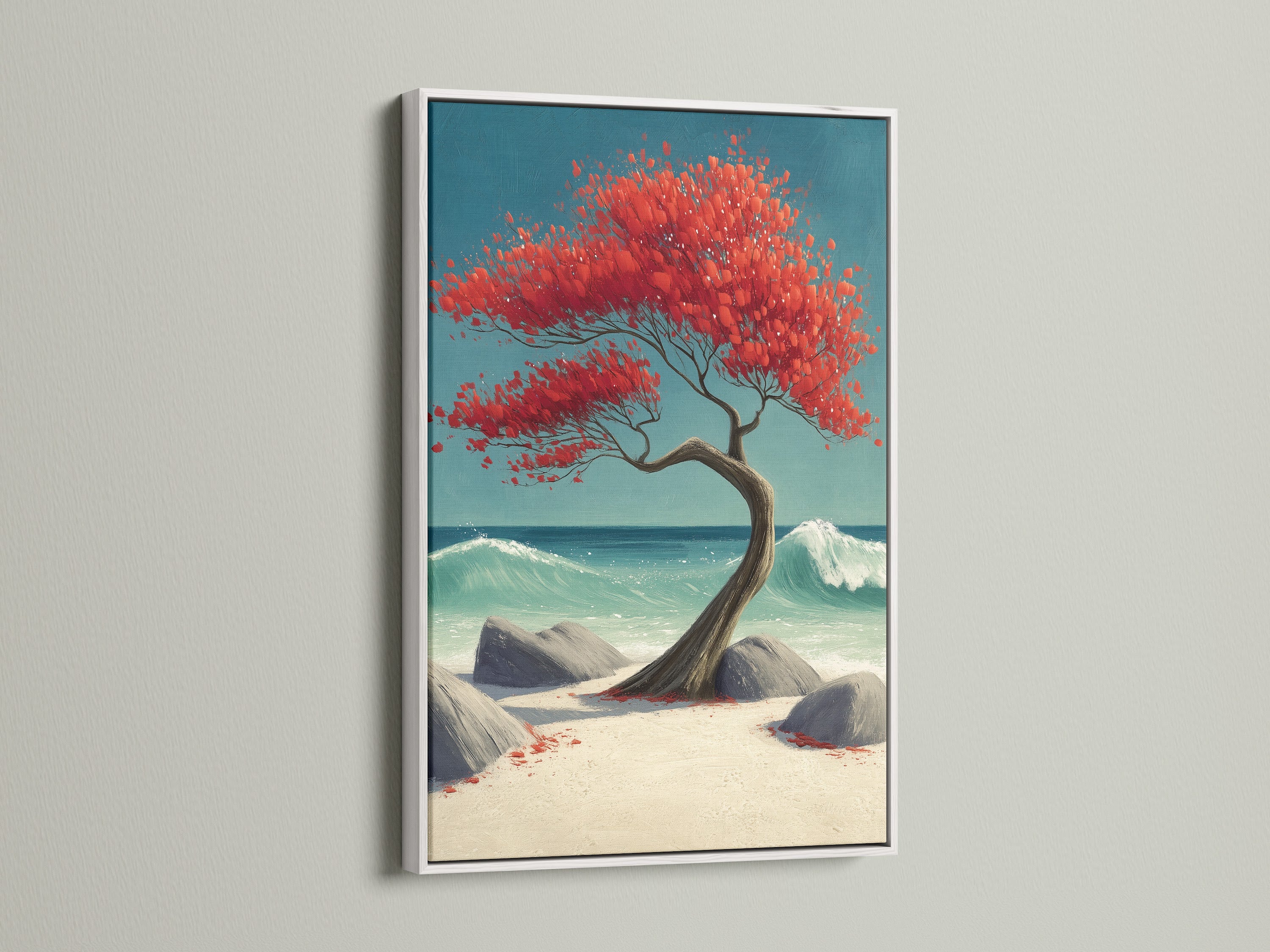 Coastal Tree Canvas Print with a white frame. The artwork depicts a red bonsai tree on a beach with turquoise ocean waves. A great choice for creating a calming atmosphere. Add this turquoise wall art to your beach house.