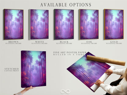 Available options for this tropical palm tree artwork are displayed. Choose from a stretched canvas print fine art poster paper or floating frame. Customize your artwork to suit your style.