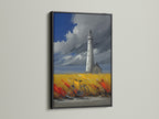 Lighthouse coastal artwork with a black frame.  This ocean wall art is a stunning addition to any space.  Consider this piece for office wall art or a seaside cafe. The painting includes a bicycle in a colorful field. The lighthouse stands tall against a cloudy sky. The artwork makes a bold statement.