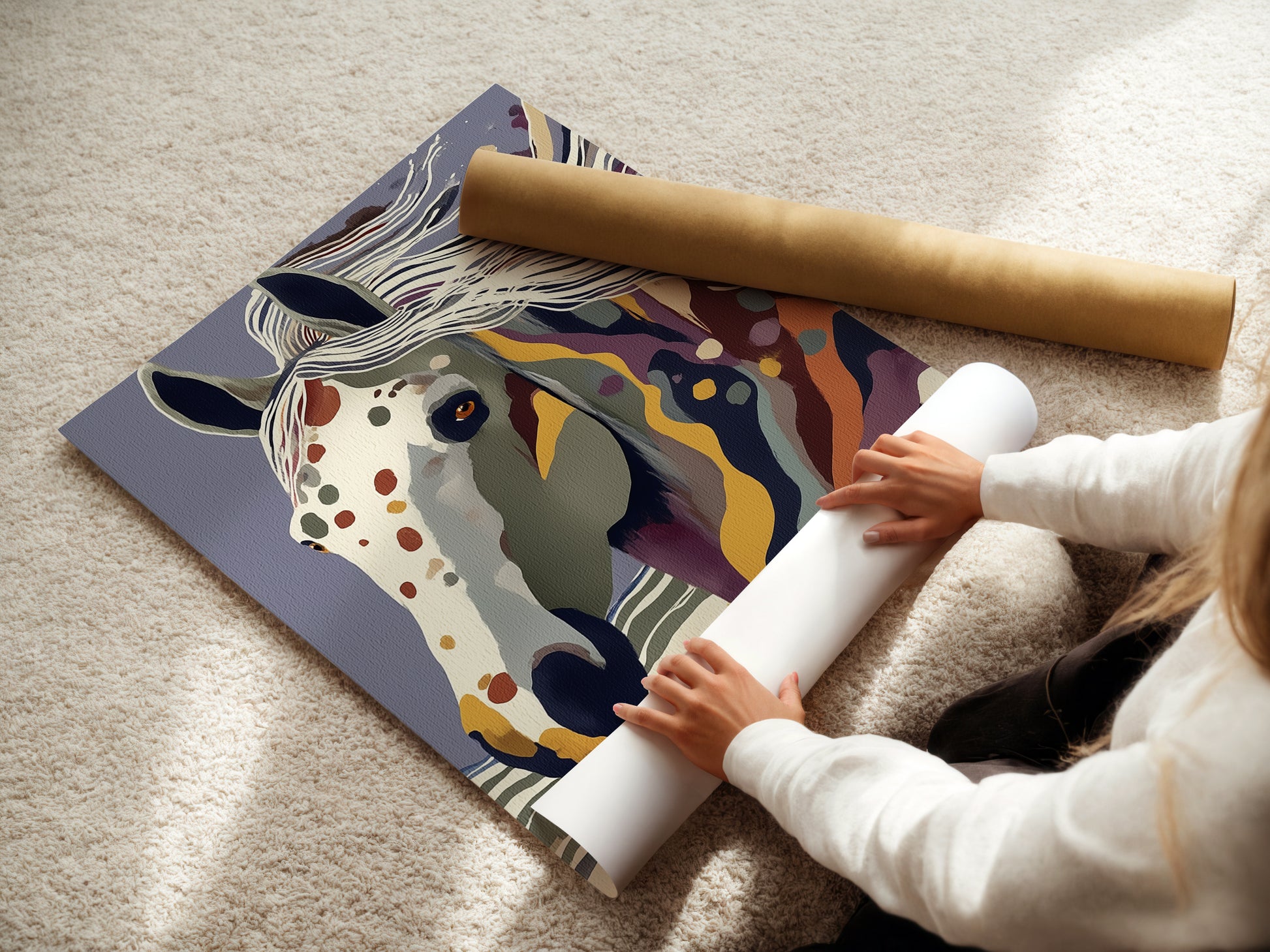 A woman is carefully rolling a fine art poster paper. The poster paper showcases an abstract horse artwork. This highlights the care and precision in handling fine art. Perfect for those who appreciate quality and detail in their wall decor.