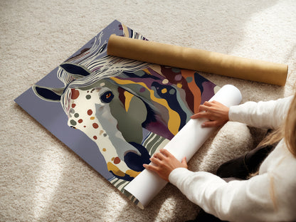 A woman is carefully rolling a fine art poster paper. The poster paper showcases an abstract horse artwork. This highlights the care and precision in handling fine art. Perfect for those who appreciate quality and detail in their wall decor.