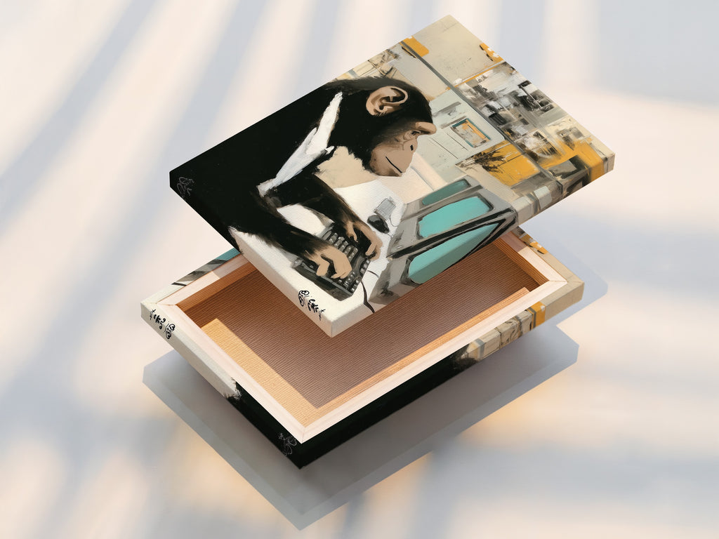 A stretched canvas print of the Monkey Office Art Print is displayed. The chimp canvas print is ready to hang. This funny animal art is perfect for adding humor to your walls. The stretched canvas provides a clean and modern look. It is ideal for offices and studios.