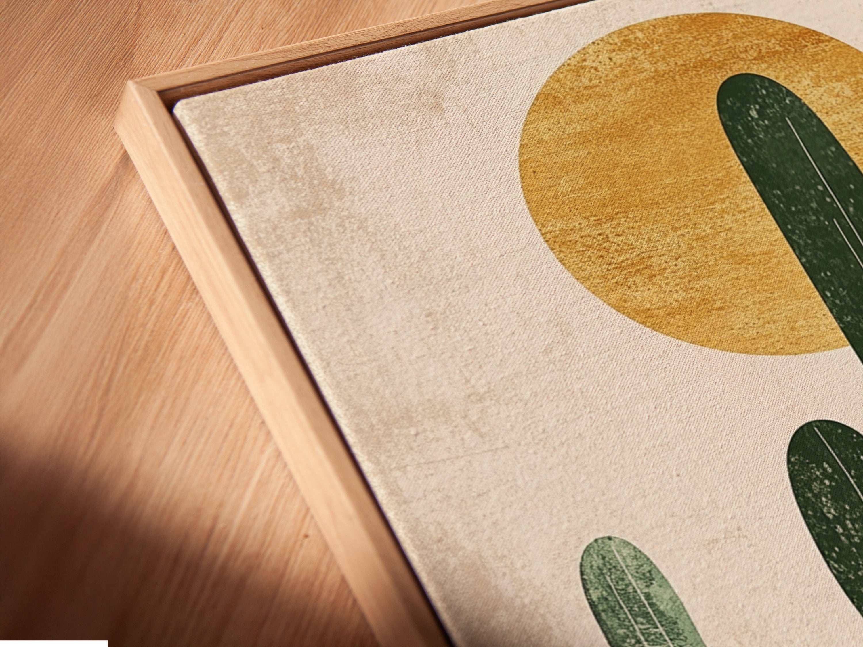 This is a close-up angled shot of a desert landscape artwork. The artwork is displayed in a floating frame. The floating frame gives the art a gallery-like appearance. This is a modern way to display your favorite art prints. The artwork appears to float within the frame.