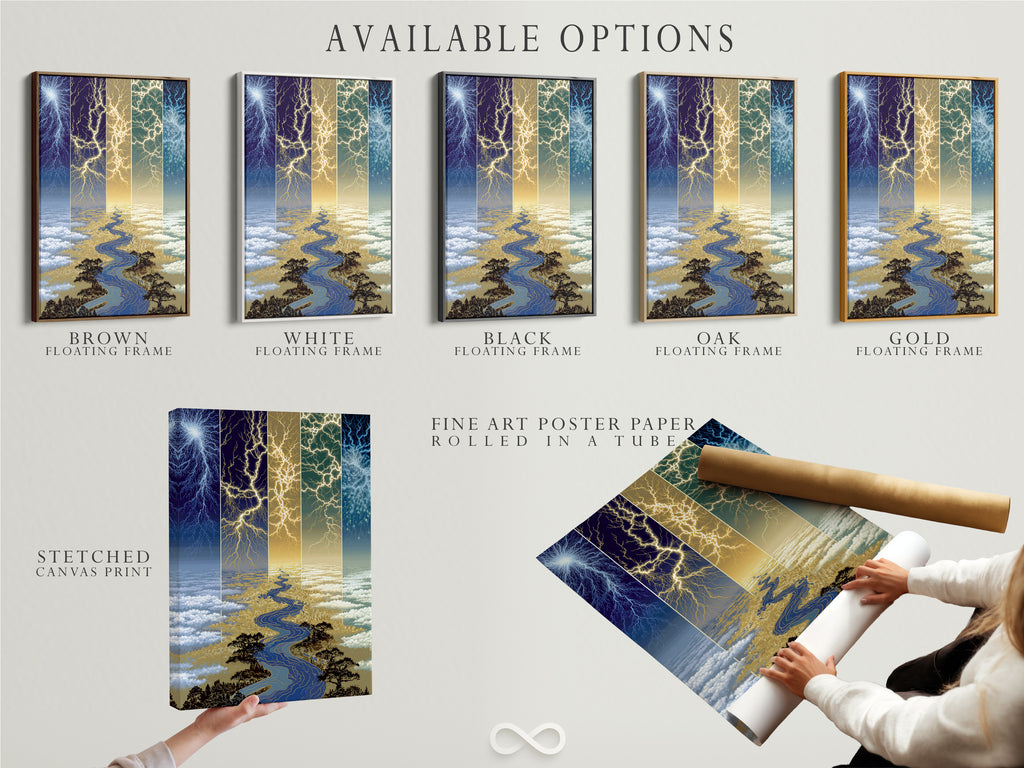 Explore available options for the Lightning River artwork. Choose from a stretched canvas print fine art poster paper or a floating frame. Each option enhances the modern celestial artwork's beauty and style. Customize your artwork to perfectly match your decor.