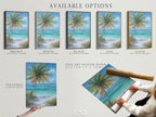 Available options for tropical beach artwork. Choose between stretched canvas print fine art poster paper or a floating frame. Palm tree coastal wall art features a turquoise ocean painting. Get a soothing coastal vibe for any room.
