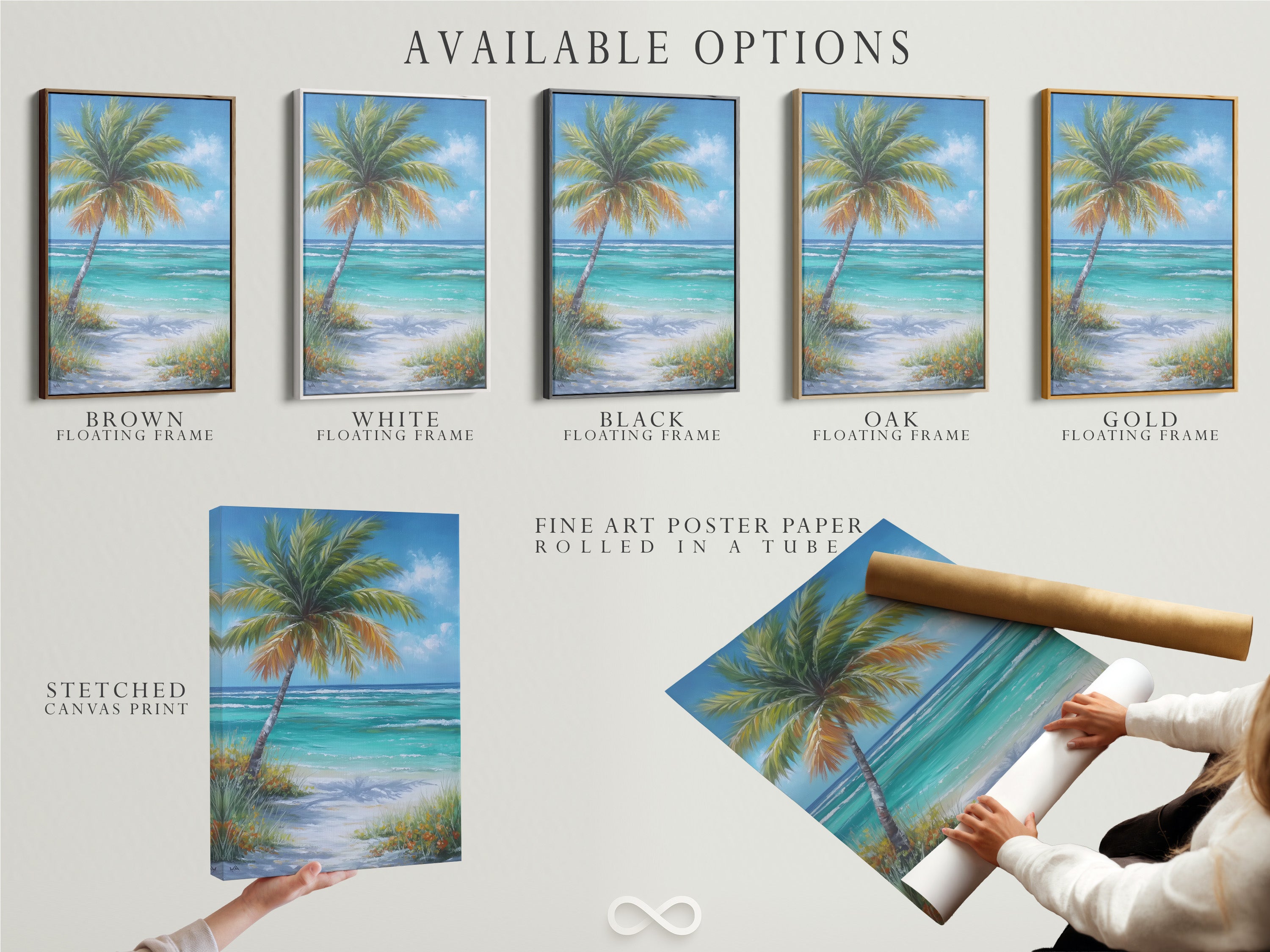 Available options for tropical beach artwork. Choose between stretched canvas print fine art poster paper or a floating frame. Palm tree coastal wall art features a turquoise ocean painting. Get a soothing coastal vibe for any room.