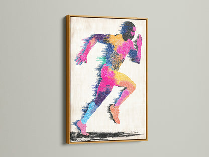 Artwork is presented in a gold frame. The art features a colorful abstract figure of a runner. The runner is shown in motion. The gold frame adds a touch of luxury and elegance. It enhances the artwork's visual impact and charm.