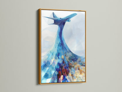 Modern airplane art in a gold frame. This aviation print features abstract teal blue patterns. A sophisticated piece of artwork for aviation enthusiasts. Enhance your office or home wall decor.