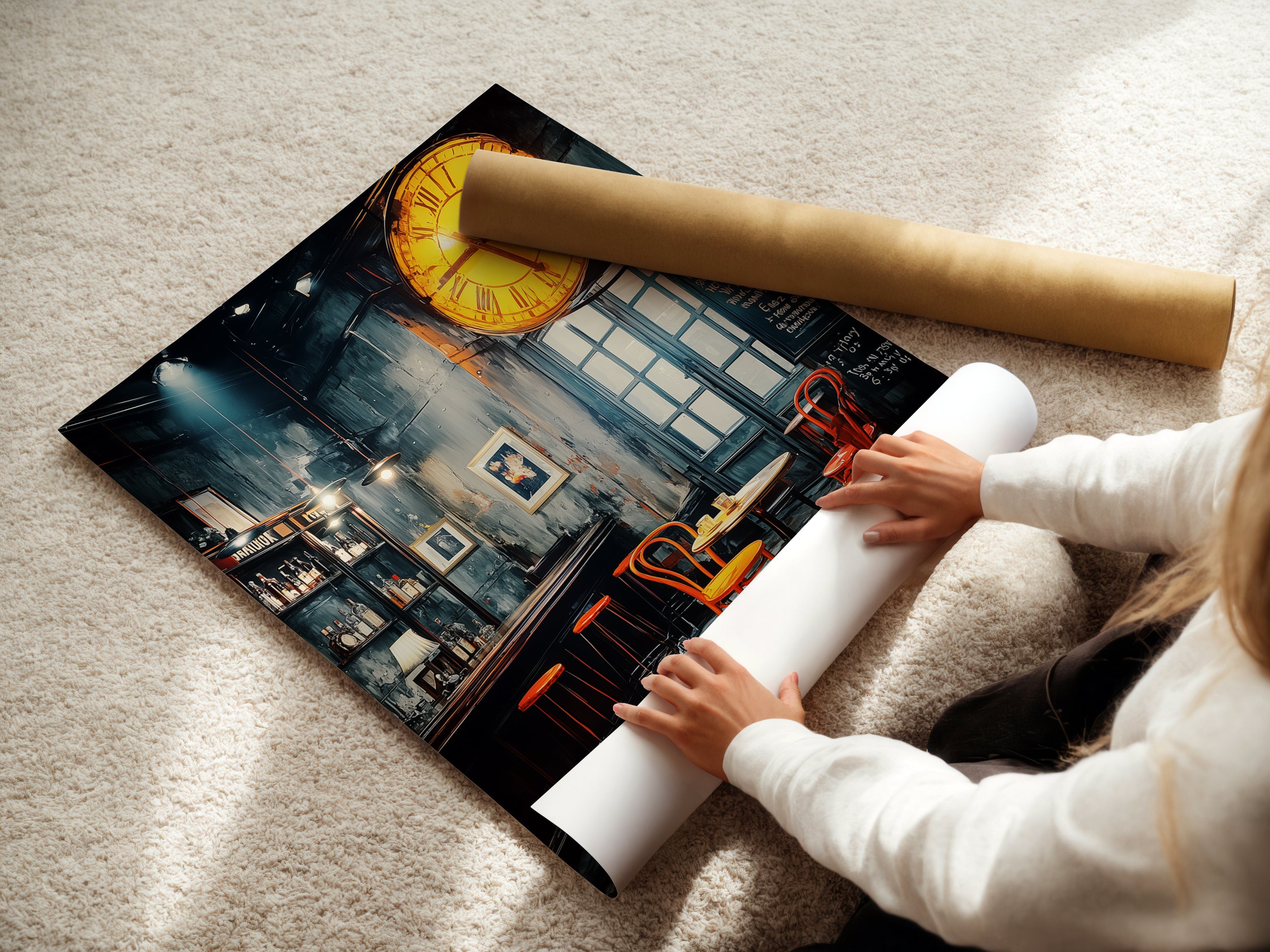 A woman is carefully rolling a fine art poster paper print. The poster features a vintage bar scene. The orange and teal artwork is ready for framing. It is perfect for creating custom wall art displays.