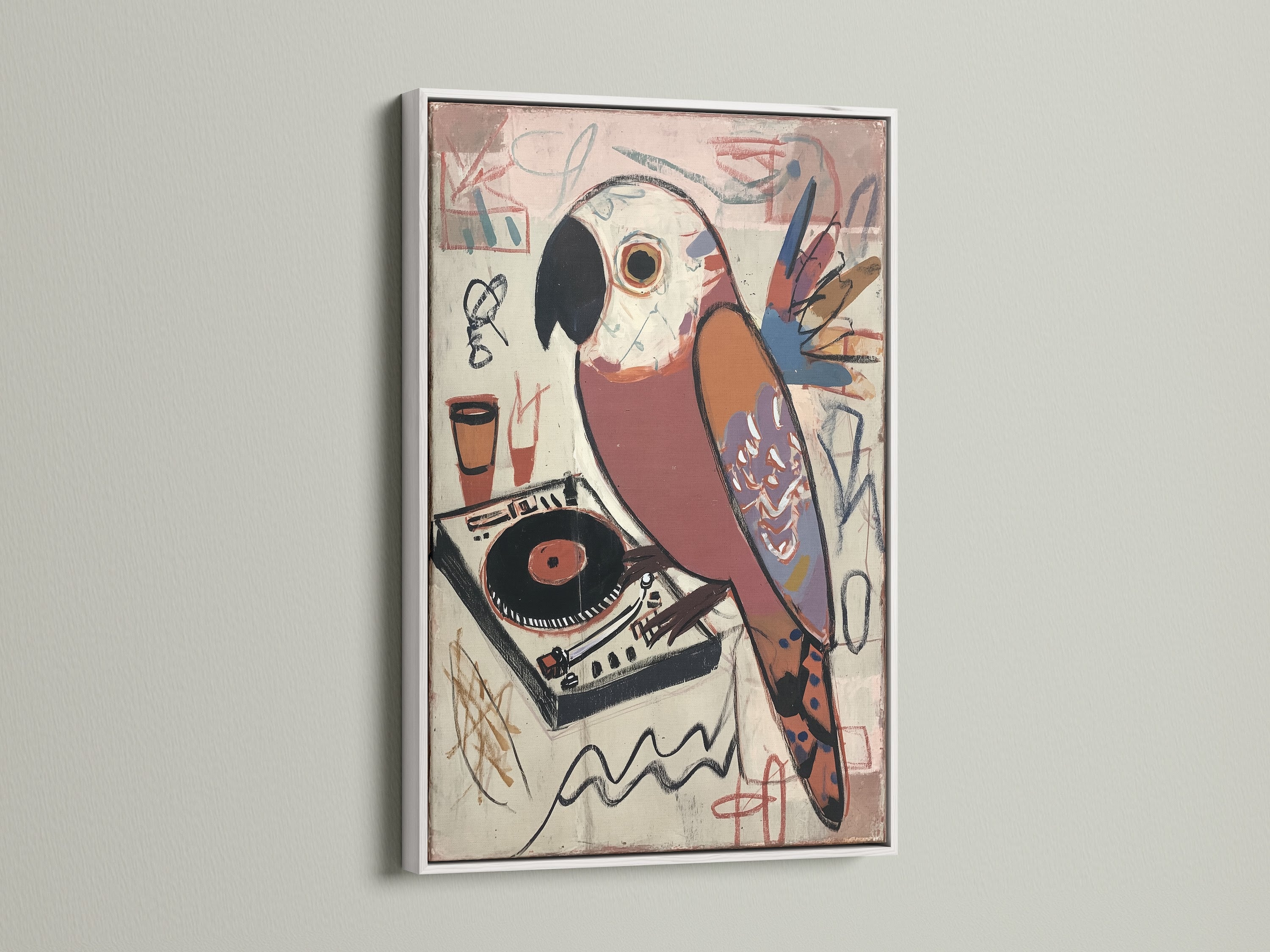 Vintage Parrot DJ Artwork in a White Frame. The white frame beautifully complements the retro music art. This bird canvas art is a funky addition to your dj wall decor. Perfect for music room art.