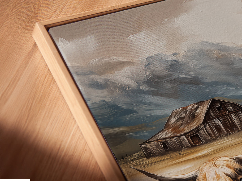 Close-up of a canvas print in a floating frame. The highland cow artwork adds depth and sophistication to your wall decor. A modern way to display rustic farmhouse art.