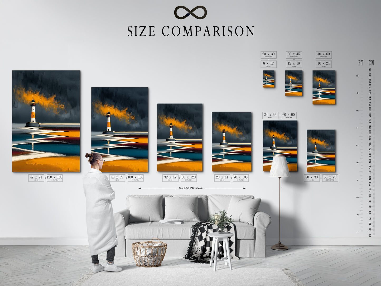 A size comparison chart for Lighthouse coastal art in an interior setting. See how different sizes fit your space. Perfect for visualizing your modern wall art. Choose the ideal size for your abstract nautical artwork. Plan your perfect room decor.