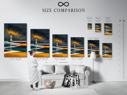 A size comparison chart for Lighthouse coastal art in an interior setting. See how different sizes fit your space. Perfect for visualizing your modern wall art. Choose the ideal size for your abstract nautical artwork. Plan your perfect room decor.