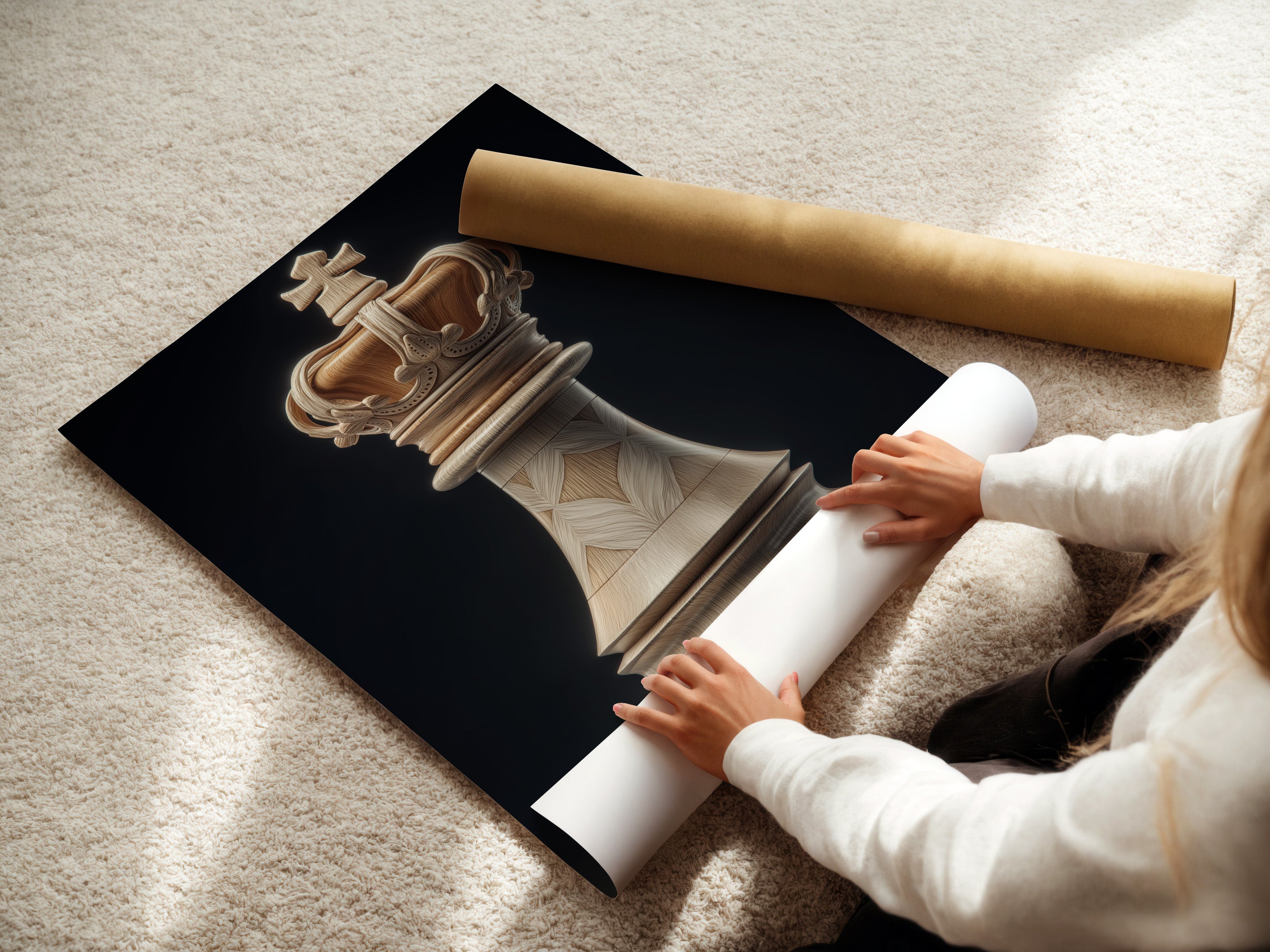 A woman is carefully rolling a fine art poster paper. She ensures its pristine condition. The poster paper is of high quality. It preserves the integrity and beauty of the artwork for future display.