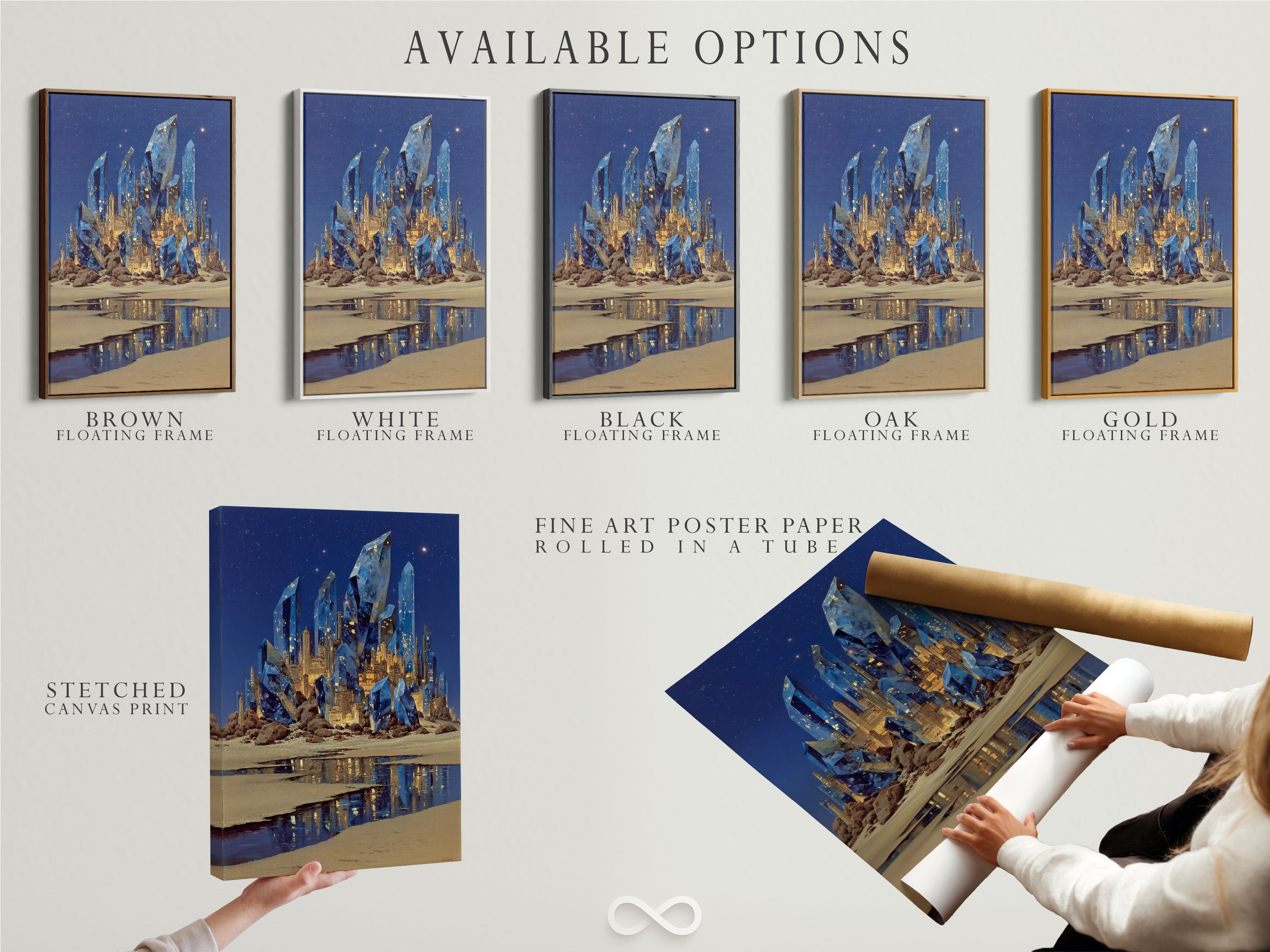 Explore available options for fantasy crystal castle art. Choose between stretched canvas prints fine art poster paper and floating frames. This surreal blue crystal wall art enhances any room. The magical landscape canvas print is perfect for bedroom wall decor. Customize your fantasy artwork now