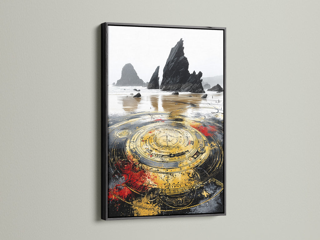 Add a bold statement with mystical compass artwork in a black frame. This steampunk-inspired piece offers a striking contrast. Great for eclectic and industrial spaces. View our compass wall decor now.
