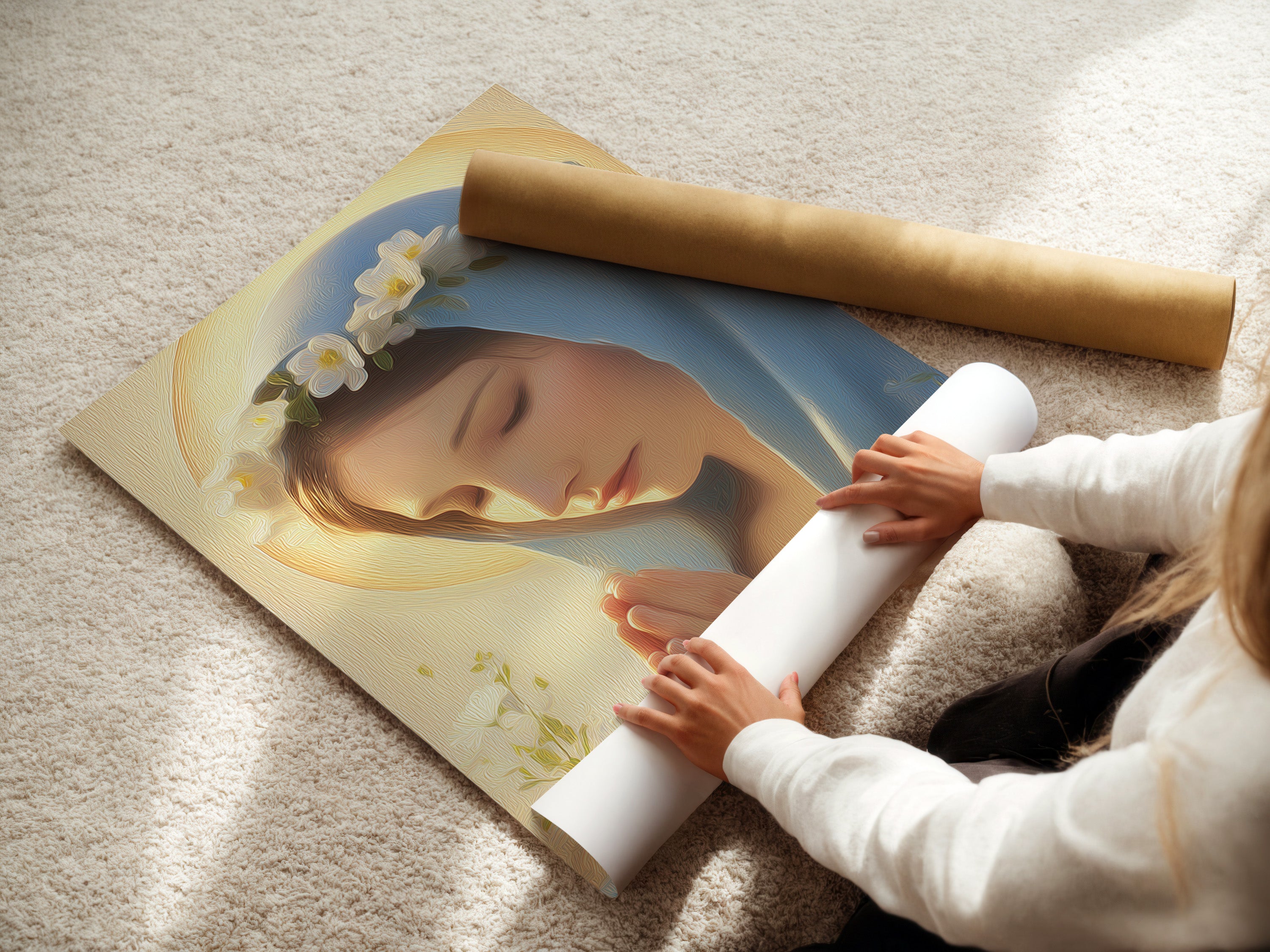 A woman is carefully rolling a fine art poster paper. This demonstrates the care taken in preparing your sacred heart print. The fine art poster paper ensures high-quality reproduction. The paper brings out the colors of the Virgin Mary art. Enjoy museum-quality religious wall art in your home.