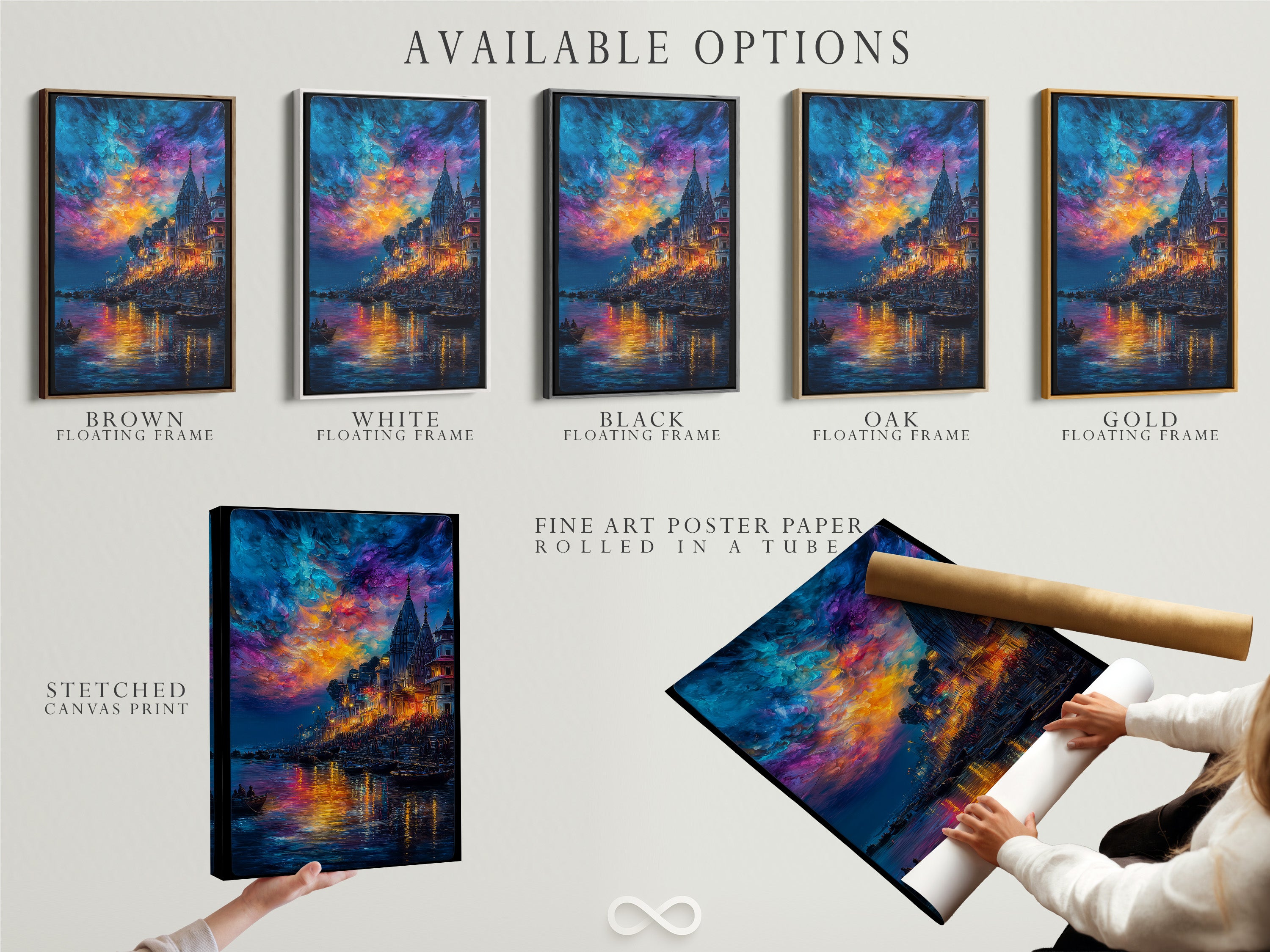 Available options for the Varanasi River Ghats artwork. Choose from a stretched canvas print fine art poster paper or a floating frame. Elevate your space with this spiritual India art. Perfect for meditation decor or as a unique gift.