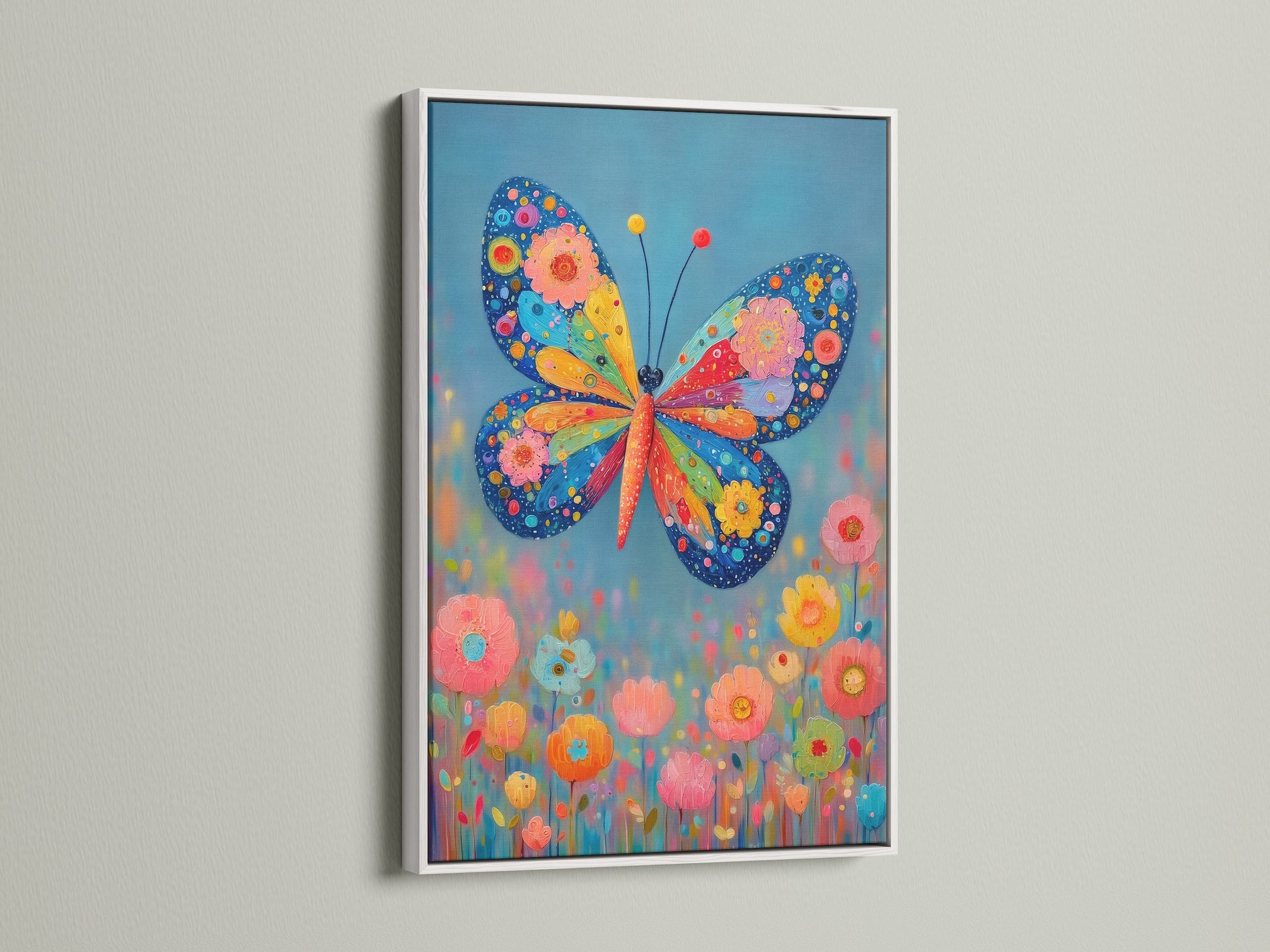 A white frame highlights this colorful floral wall art. The butterfly artwork is perfect for kids' rooms. Its vivid print brightens up any space. It is great for contemporary styled homes looking to add a touch of whimsy.