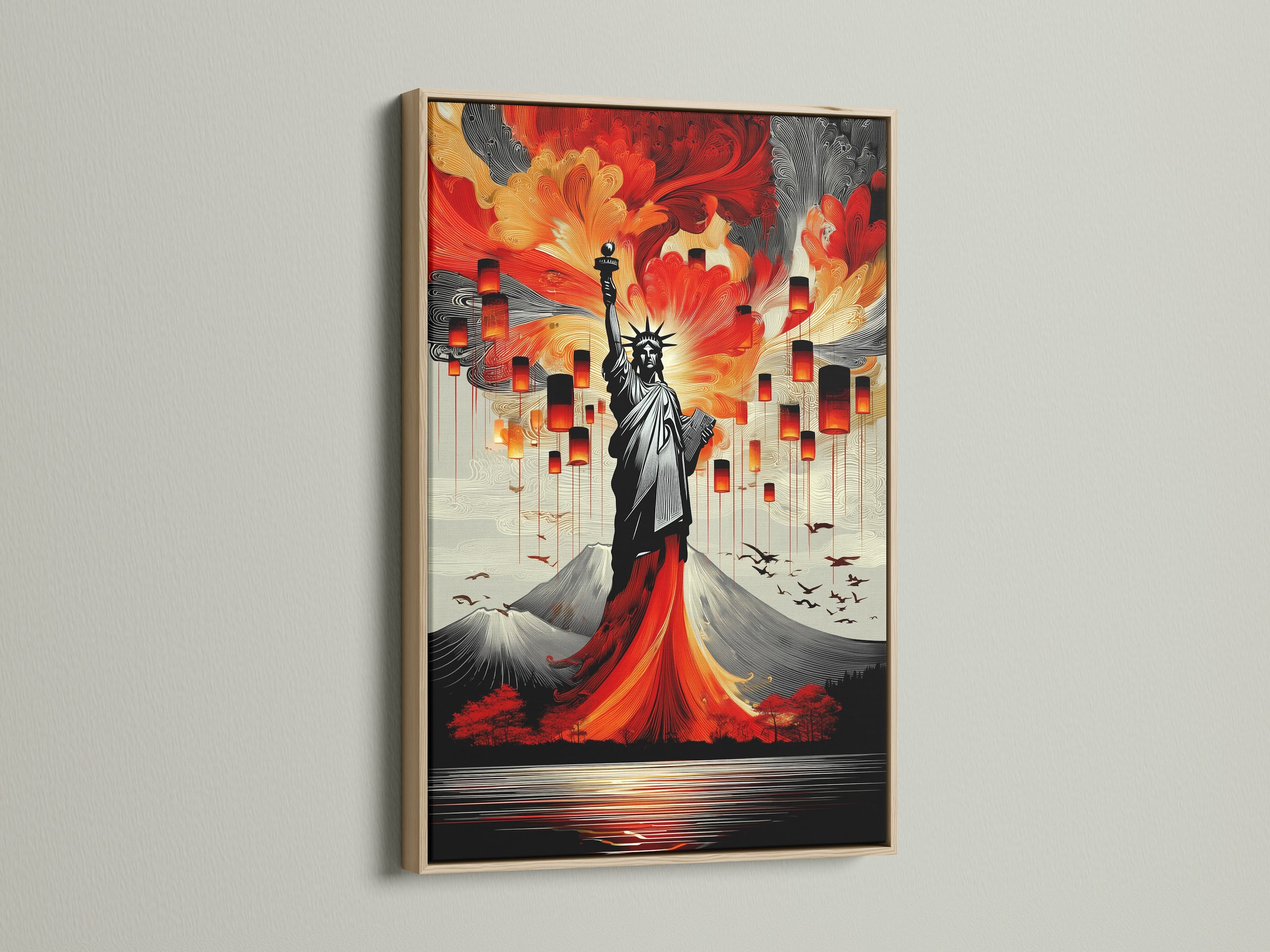 The Statue of Liberty artwork is showcased in an oak frame. The frame enhances the artwork's modern aesthetic. Perfect for living rooms bedrooms or office wall decor. This frame choice brings a natural touch to patriotic decor.