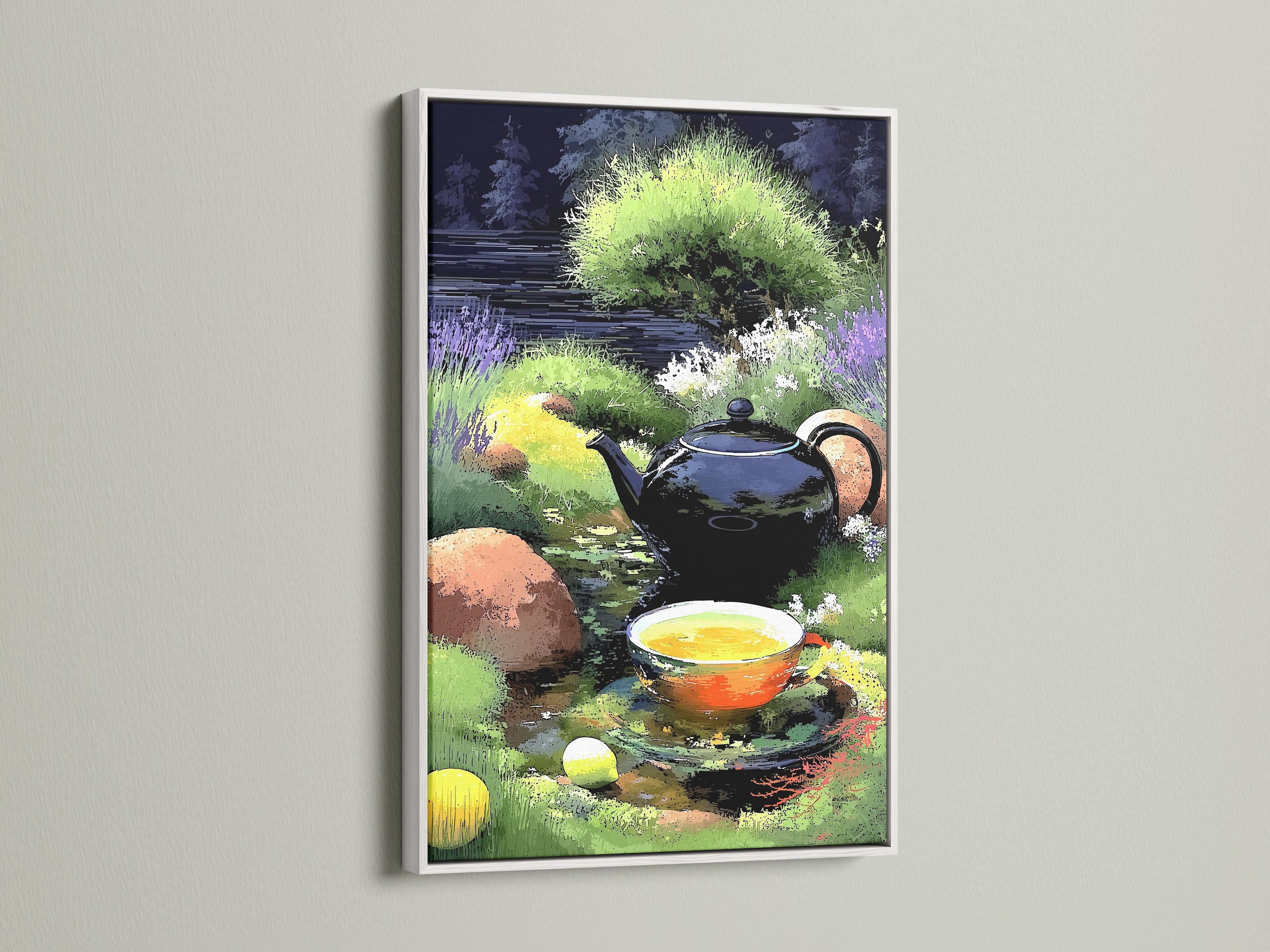 Brighten your walls with the Tea Time Canvas Print showcased in a white frame. This botanical art piece adds a fresh touch to kitchen artwork and dining spaces. The calming wall art features a tea kettle and cup in a garden setting. Perfect for renters and homeowners seeking nature-inspired decor.