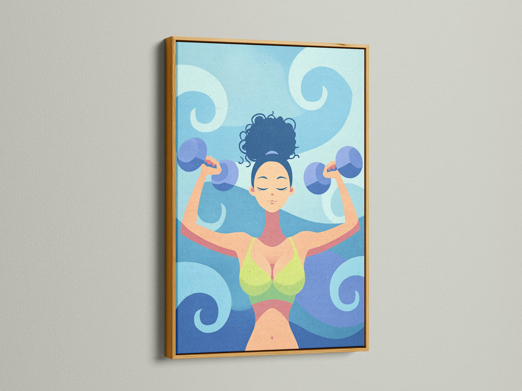 Gold frame displays fitness woman artwork. The gym wall decor features a workout illustration. It is ideal for home gym decor. This motivational art embodies strength training. It enhances your fitness space.