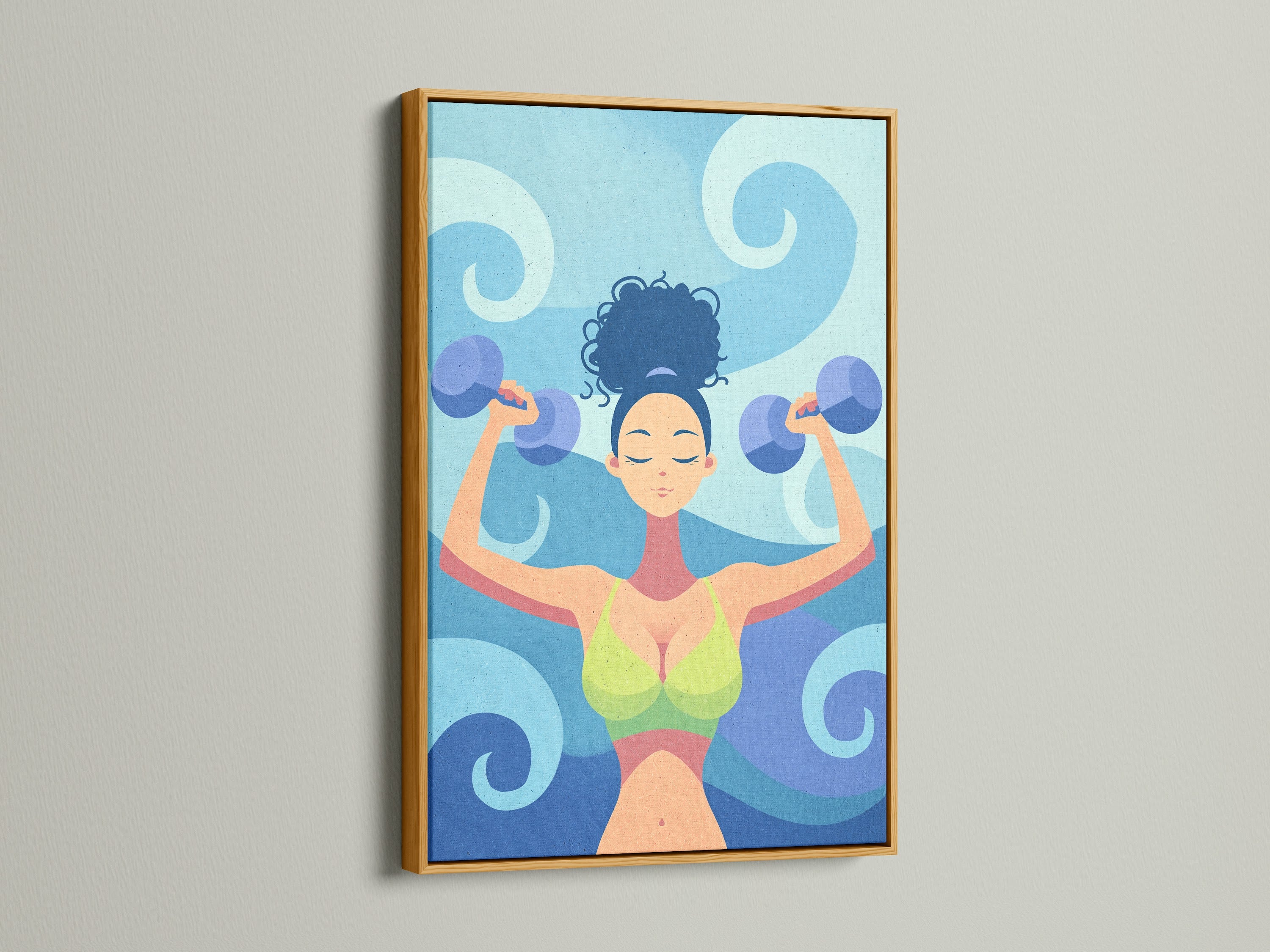 Gold frame displays fitness woman artwork. The gym wall decor features a workout illustration. It is ideal for home gym decor. This motivational art embodies strength training. It enhances your fitness space.