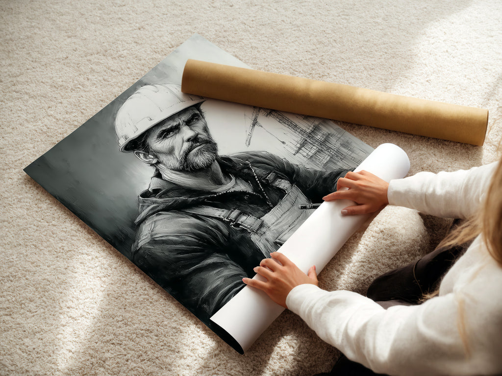 A woman carefully rolling a fine art poster paper. The high-quality paper ensures the construction worker art looks its best. This method protects the realistic portrait during shipping. This fine art poster option offers a versatile display choice.