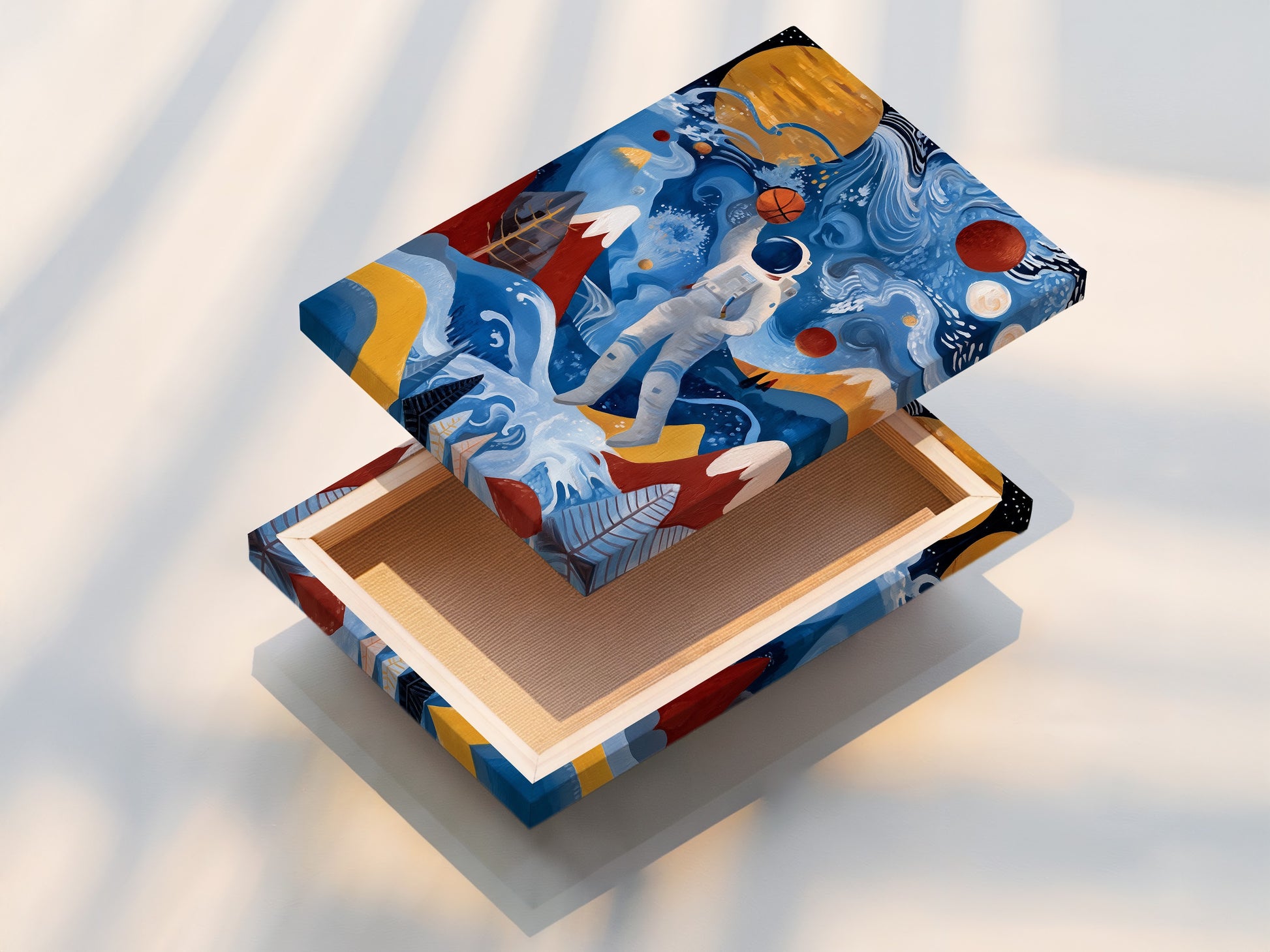 The image showcases a stretched canvas print. The artwork features an astronaut playing basketball. This modern art piece is perfect for adding a cool focal point. It is ideal for kids rooms teen rooms or nurseries. It adds a playful touch.