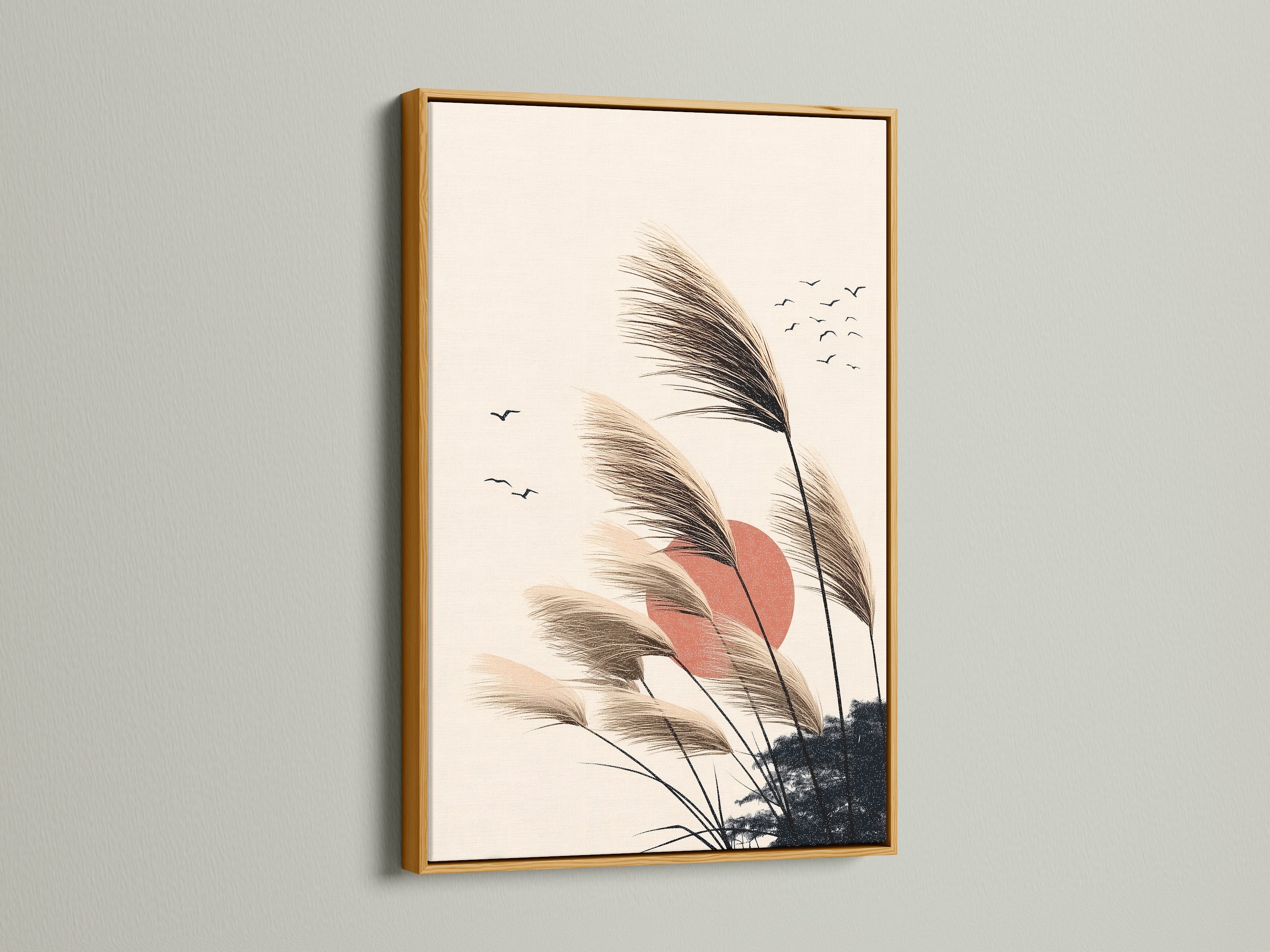 Pampas Grass artwork in a gold frame. This boho wall art brings a touch of luxury. Perfect for minimalist nature artwork in a bedroom. The sunset canvas and neutral decor create a warm ambiance. A great choice for scandi art or bohemian interiors. Enhance your living space with this elegant piece.