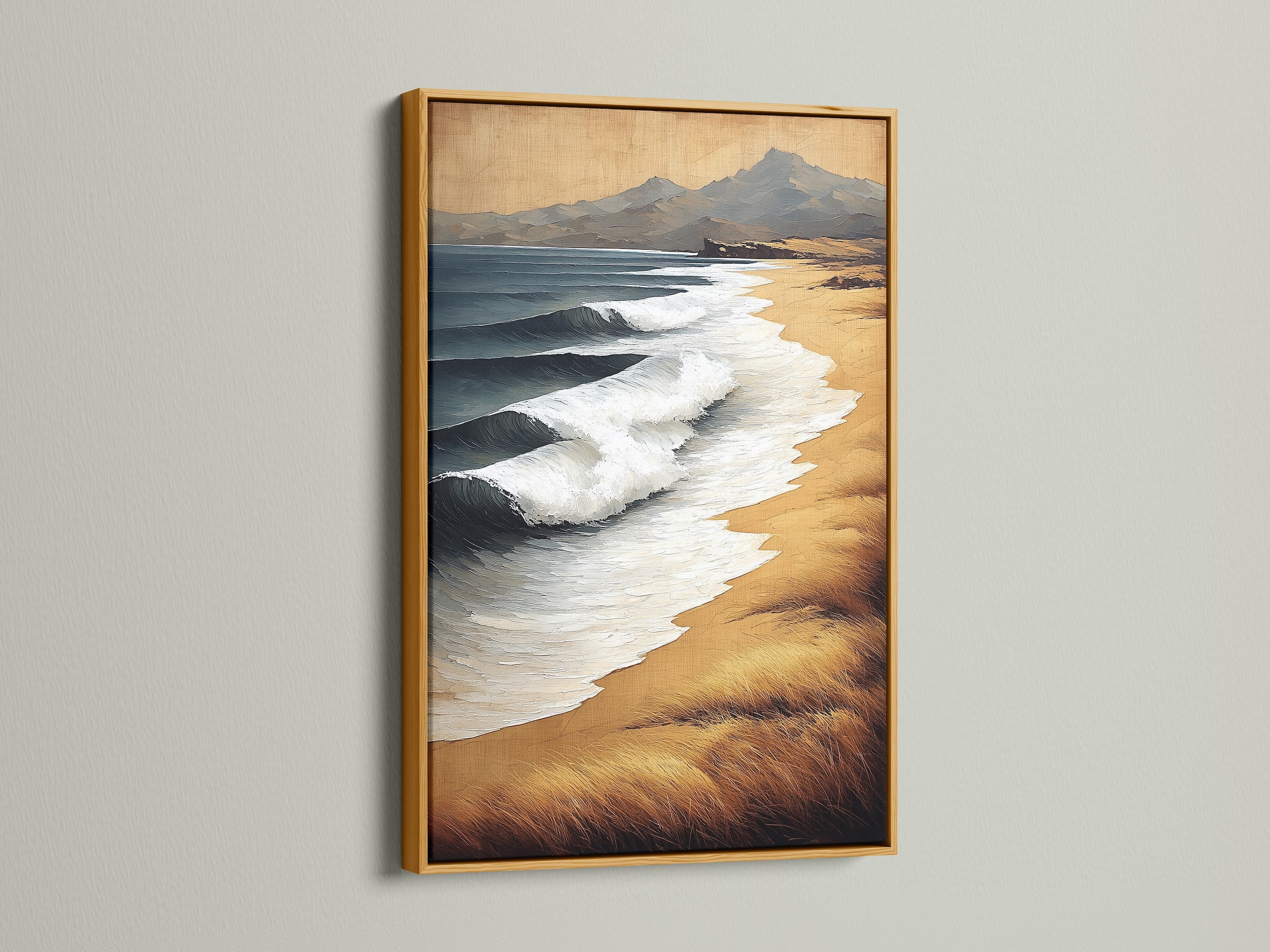 Enhance your decor with our elegant coastal artwork. The gold frame adds a touch of luxury to this beach canvas print. The neutral tone seascape artwork brings a warm feel to any room. Perfect for adding a sophisticated touch to your home. Bring the beauty of the beach indoors.
