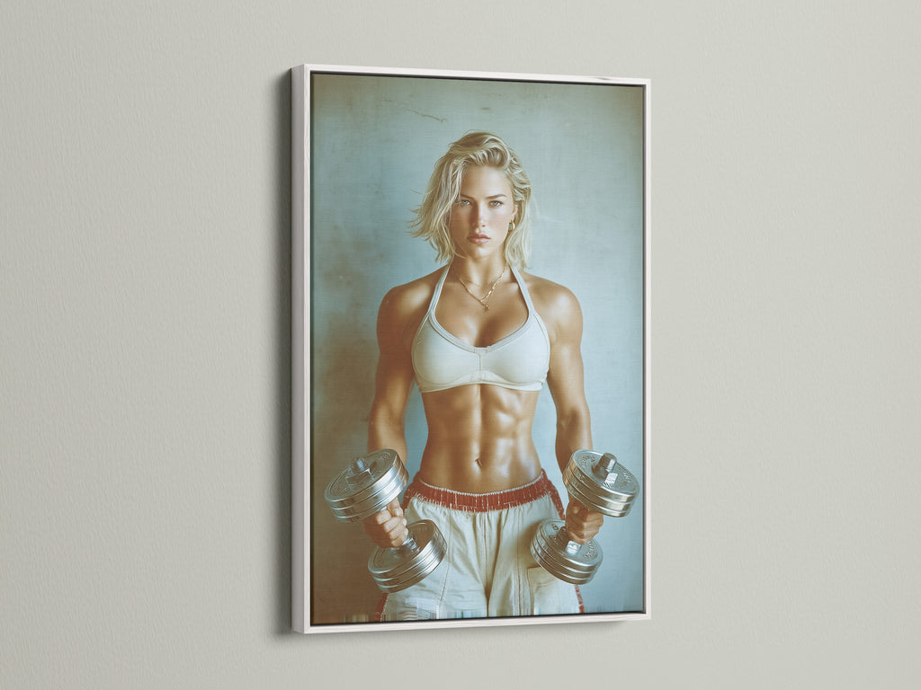 The Fitness Motivation Poster in a white frame. This artwork features a strong woman. The white frame provides a clean modern look. Ideal for fitness enthusiasts seeking workout inspiration for their home gym decor.