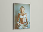 The Fitness Motivation Poster in a white frame. This artwork features a strong woman. The white frame provides a clean modern look. Ideal for fitness enthusiasts seeking workout inspiration for their home gym decor.