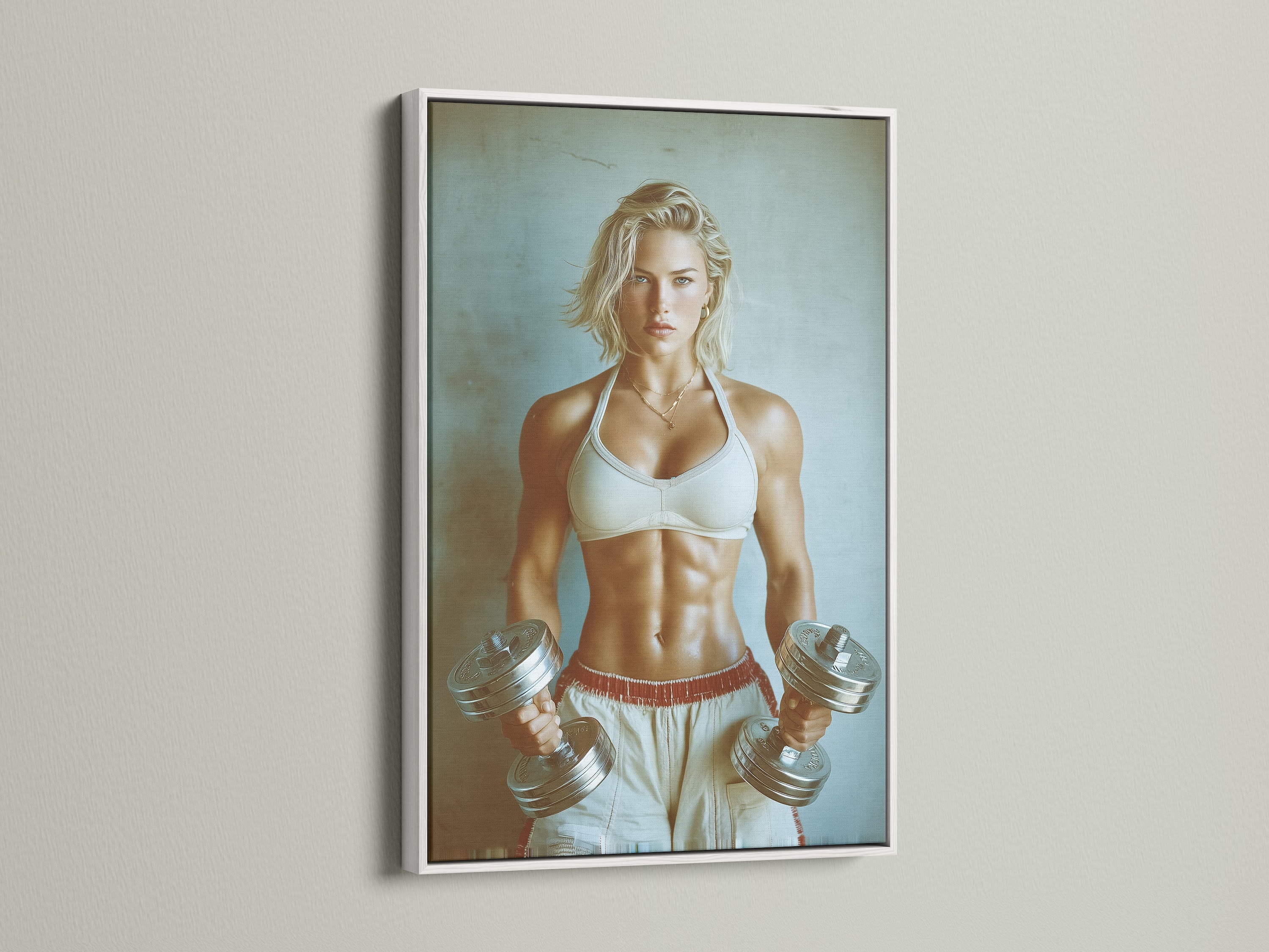 The Fitness Motivation Poster in a white frame. This artwork features a strong woman. The white frame provides a clean modern look. Ideal for fitness enthusiasts seeking workout inspiration for their home gym decor.