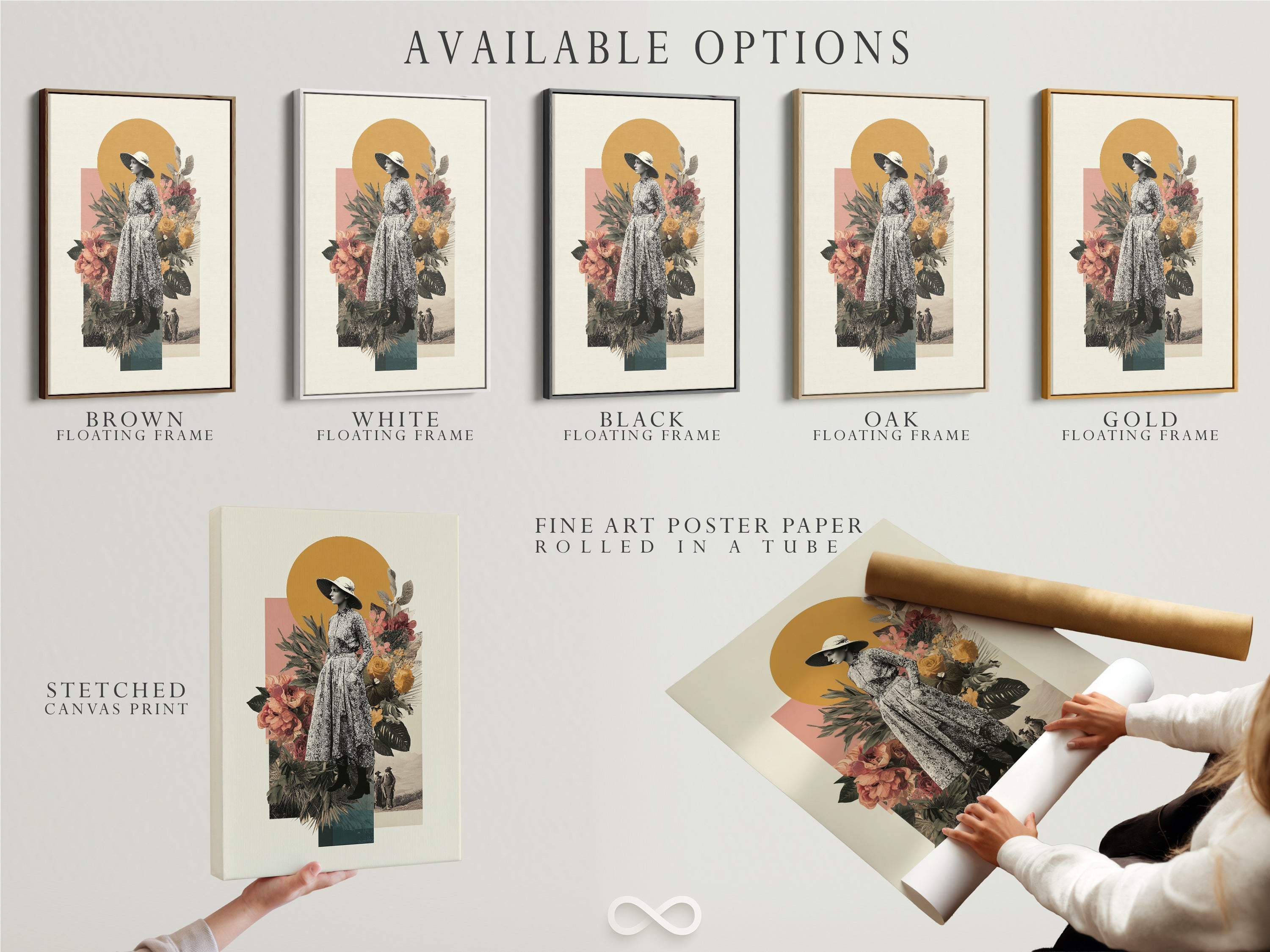 Available options: stretched canvas print fine art poster paper and floating frame. Select the perfect format for your vintage collage art. Whether you prefer boho wall art or botanical prints we offer various choices. Customize your retro fashion art to match your unique style.