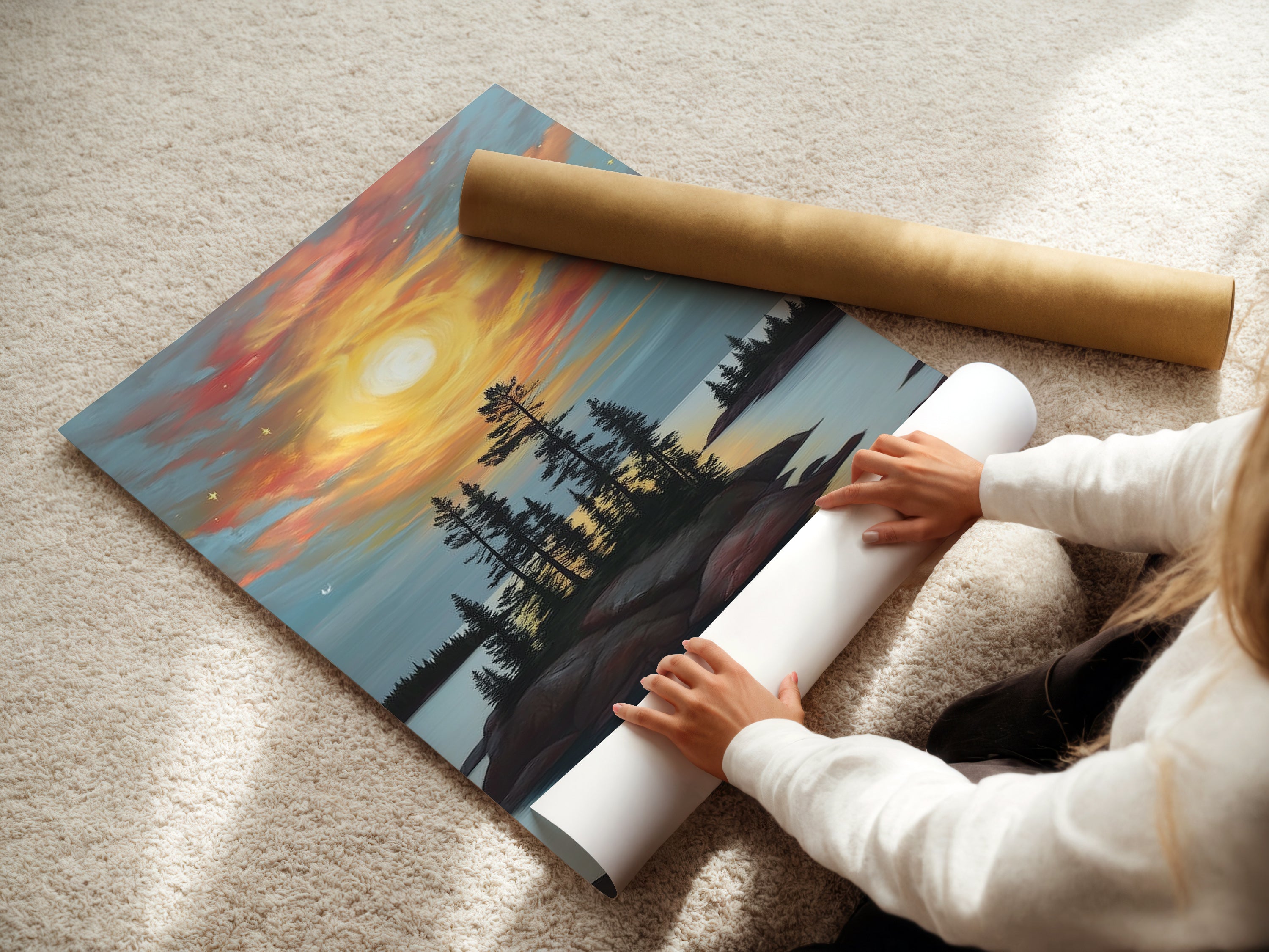 A woman is carefully rolling a fine art poster paper of the Lake Sunset artwork. The poster showcases a beautiful island landscape. The warm tones and serene nature artwork make it a perfect addition to any space. It will be great for clinics.