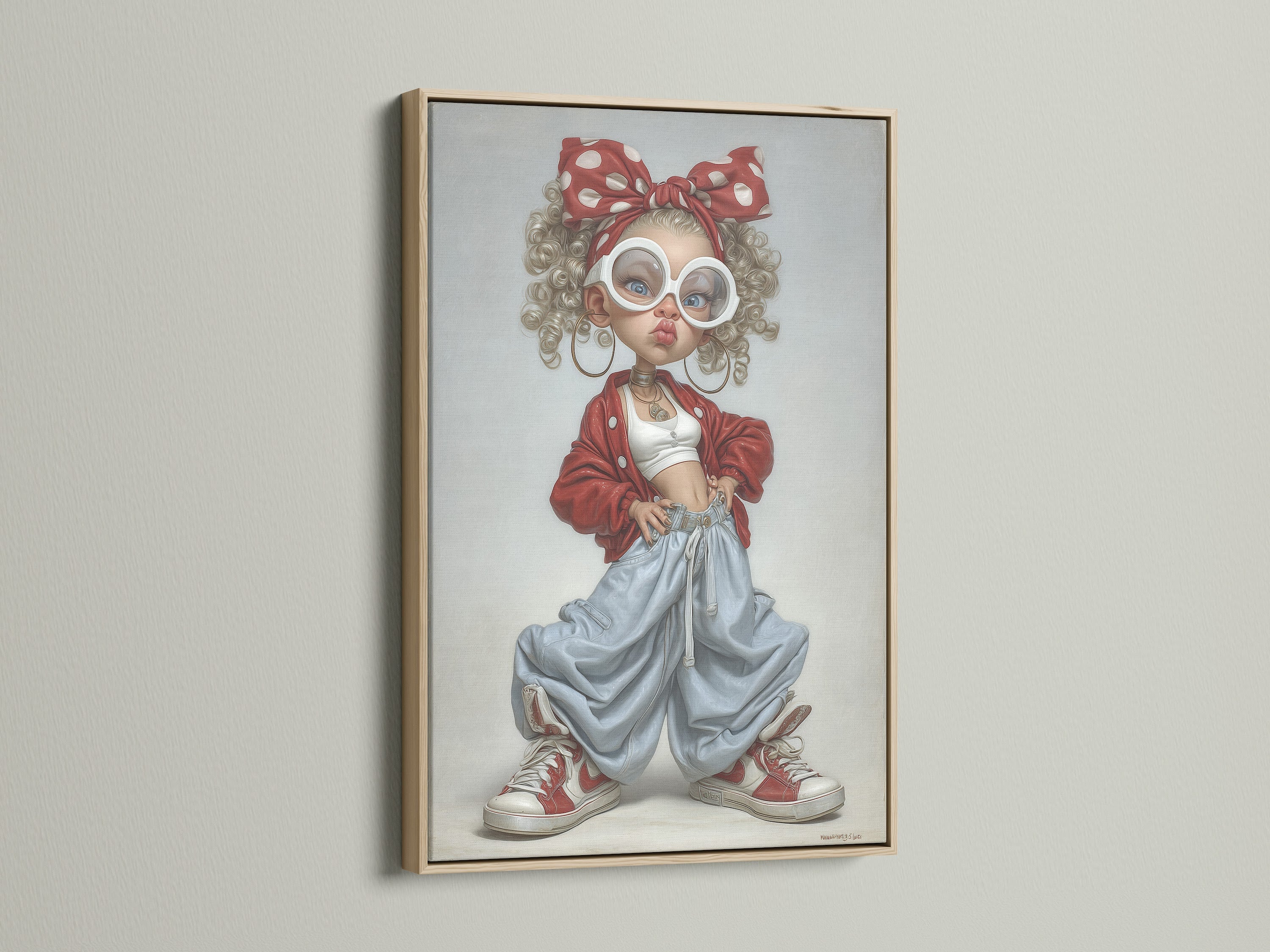 A close up of an oak frame. The artwork portrays a fashionable girl with a headscarf and stylish outfit. The oak frame enhances the artwork's appeal. This piece brings contemporary style to your home. Add a touch of modern artwork with this framed art.