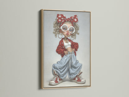 A close up of an oak frame. The artwork portrays a fashionable girl with a headscarf and stylish outfit. The oak frame enhances the artwork's appeal. This piece brings contemporary style to your home. Add a touch of modern artwork with this framed art.