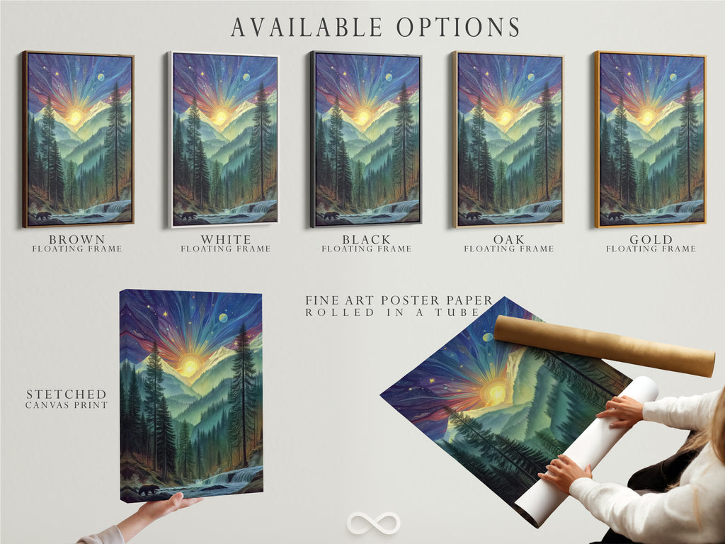 Available options include stretched canvas print fine art poster paper and floating frame. Customize your mountain sunrise art to fit your style. The mystical forest print is versatile and stunning.