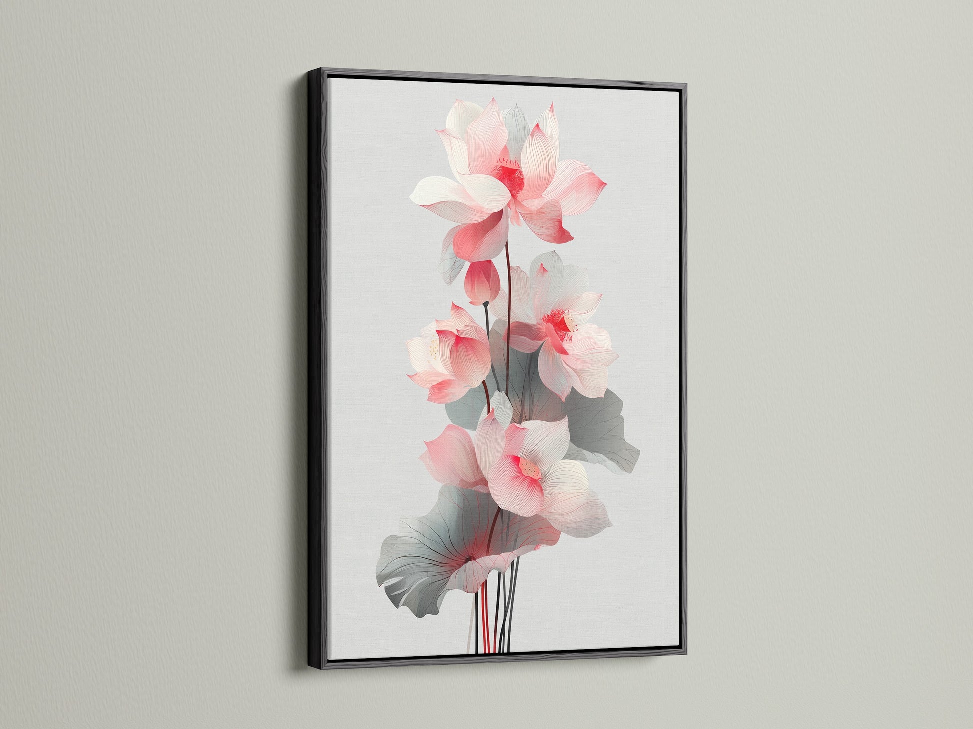 The lotus flower artwork is elegantly displayed in a black frame. This botanical wall art stands out with its contrast. It complements modern and spa-style interiors. Elevate your space with this striking piece.